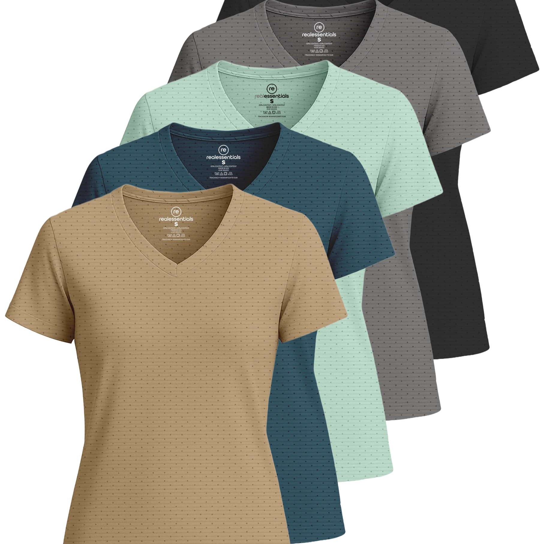 Real Essentials 5 Pack: Women's Short Sleeve Breeze Tech V-Neck T Shirt –Workout Top Wicking Dry Fit Athletic Tee (Plus)