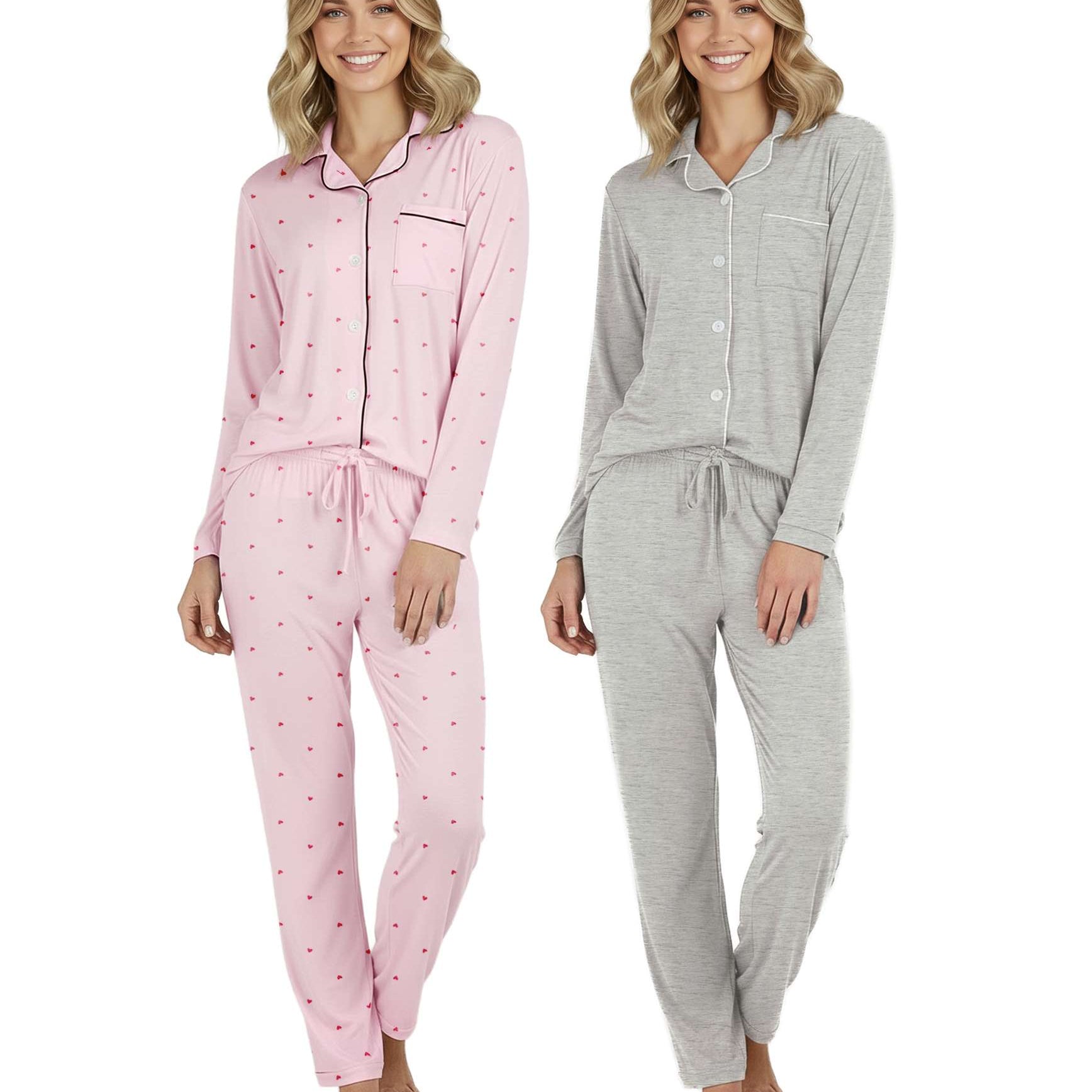 4 Piece: Women’s Long Sleeve Button Down Pajama Set