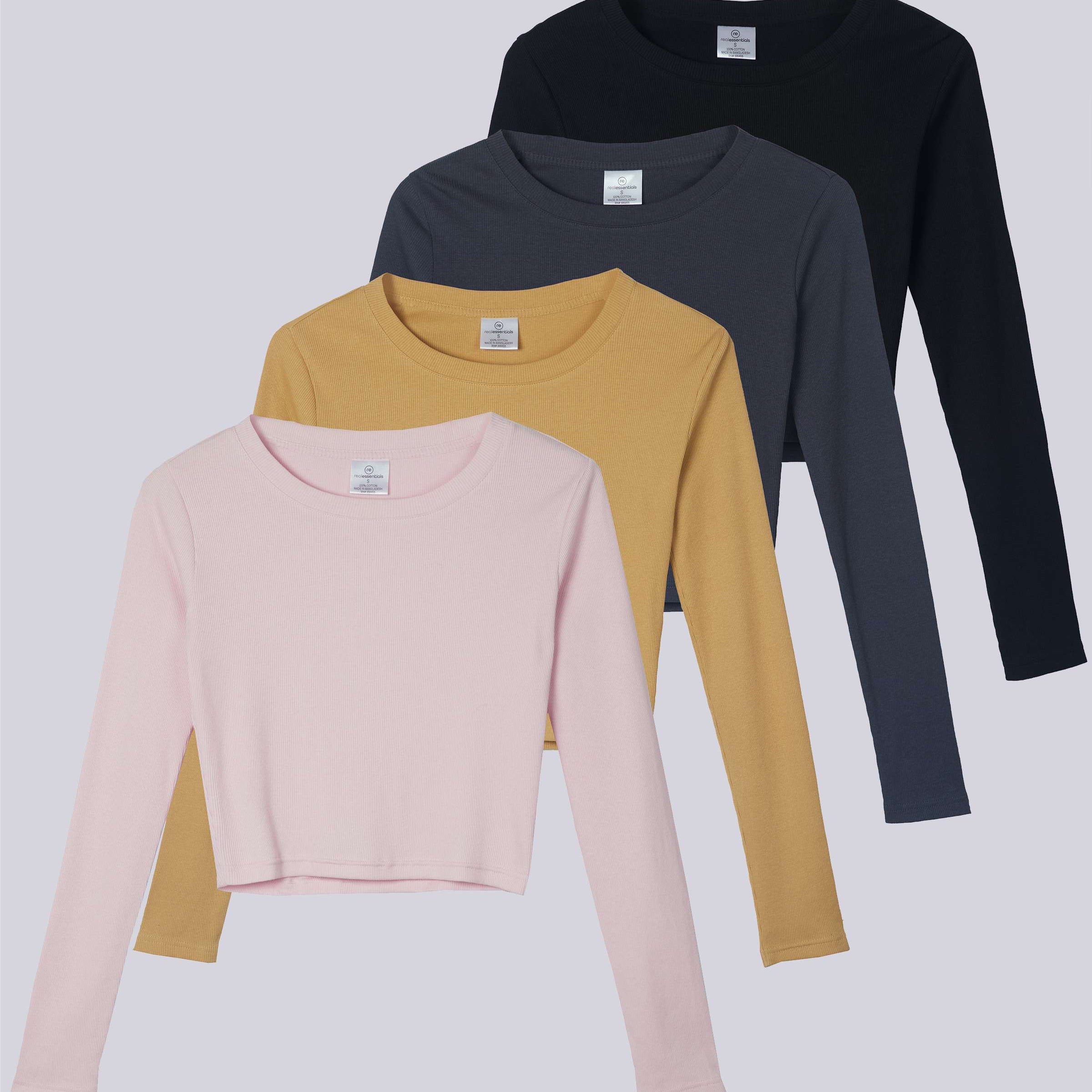 4 Pack: Women's Long Sleeve Ribbed Knit Crop Top (Available in Plus Size)