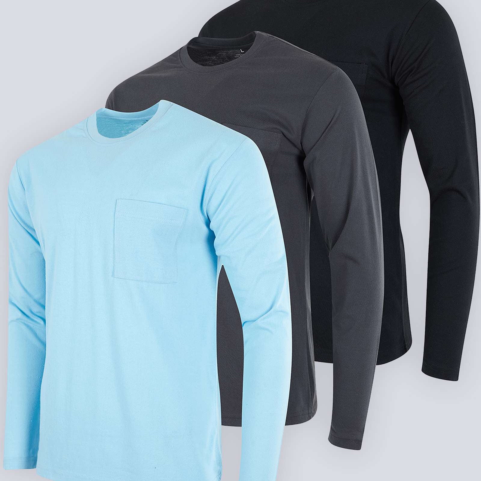 3 Pack: Mens Cotton Long Sleeve Crew Neck Pocket T-Shirt