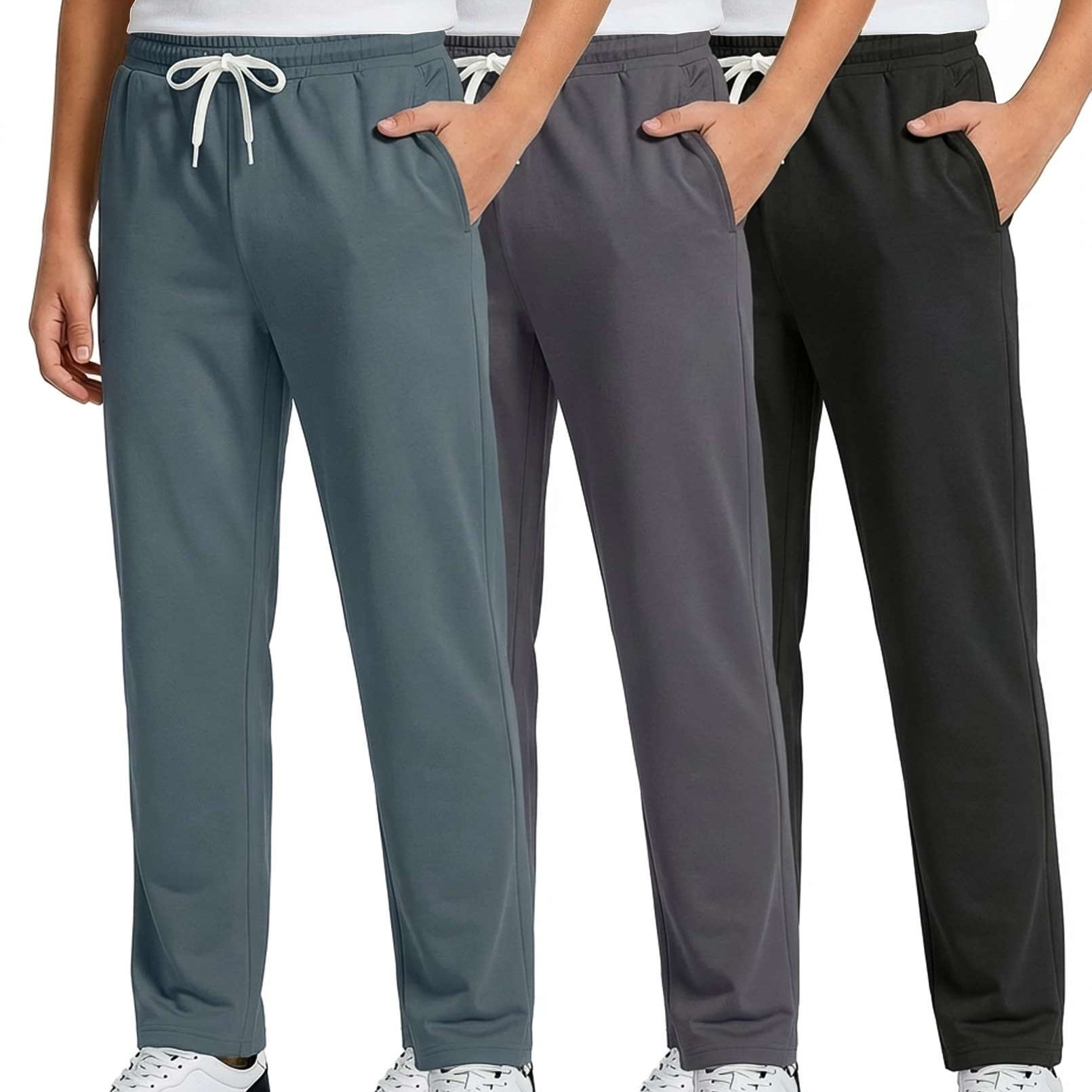 Real Essentials 3 Pack: Boys' French Terry Open Bottom Sweatpants Sweats for School Kids Teens with Pockets (Size 4-18)
