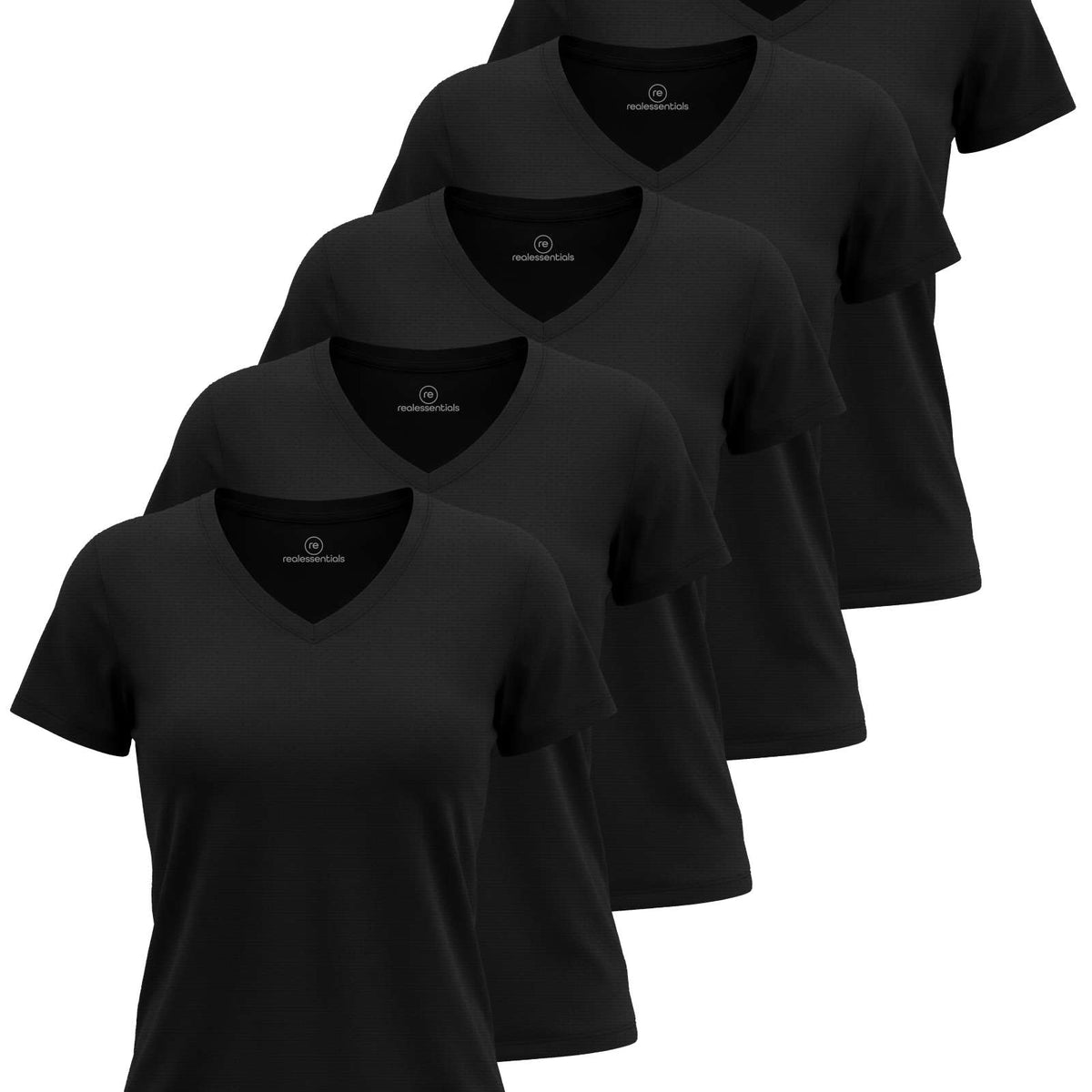 Real Essentials 5 Pack Women's V Neck Tshirts Short Sleeve Dry Fit Workout Tops Tees Shirts - Solid Black, Solid Black, Solid Black, Solid Black, Solid Black
