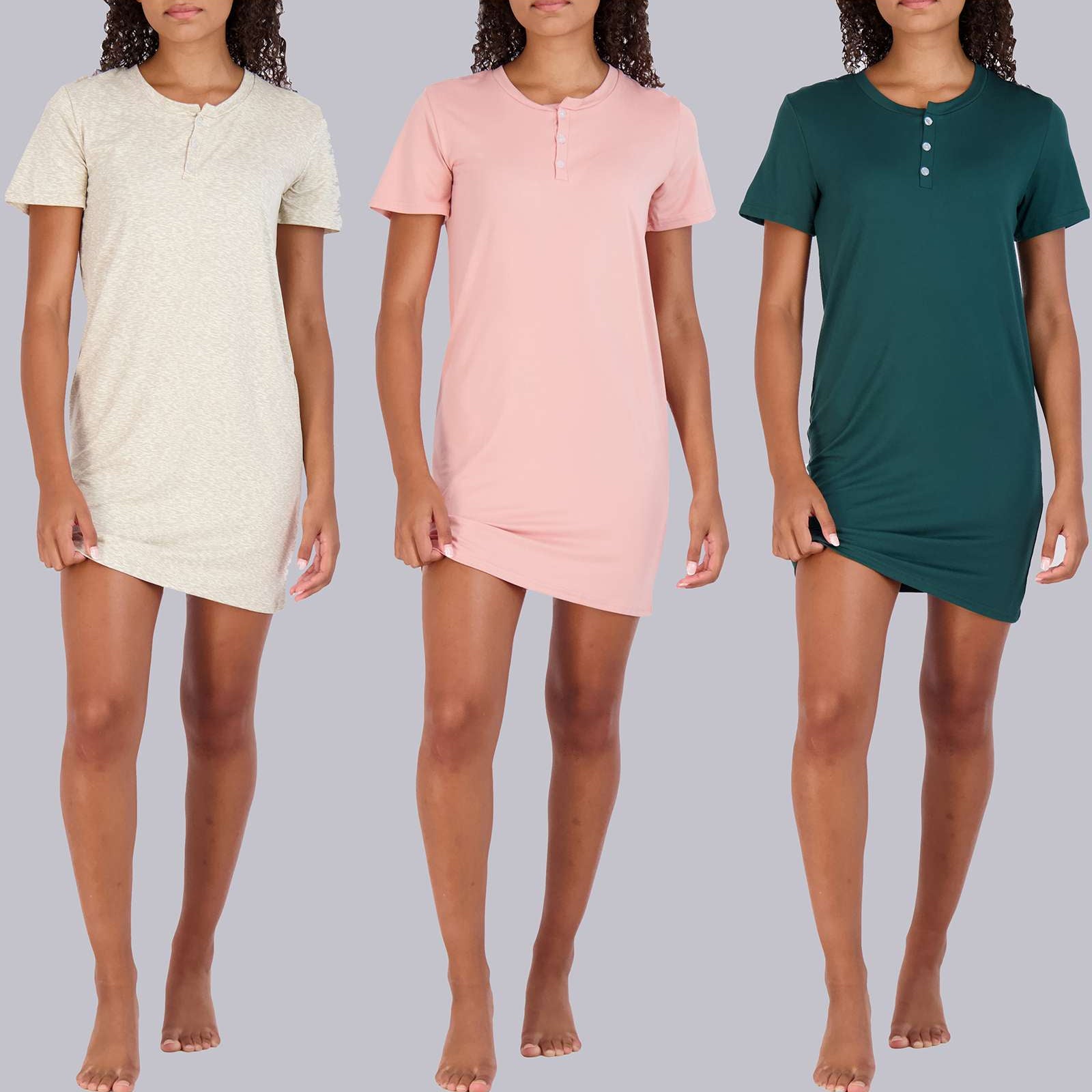 3 Pack: Womens Short Sleeve Henley Nightshirt Nightgown Sleep Dress