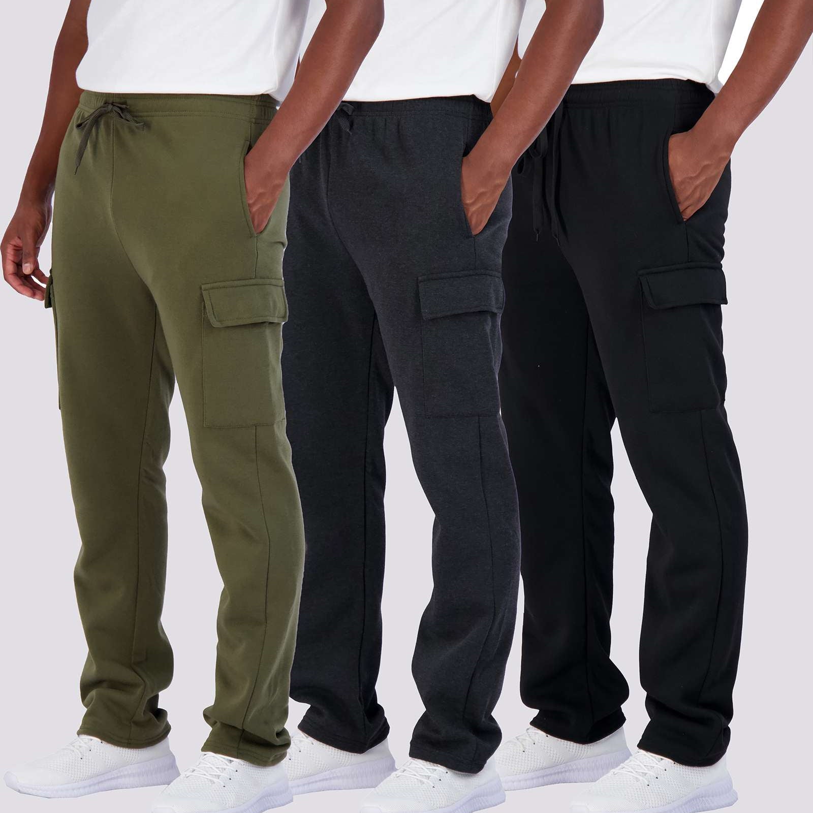 3 Pack: Mens Fleece Cargo Open Bottom Sweatpants
