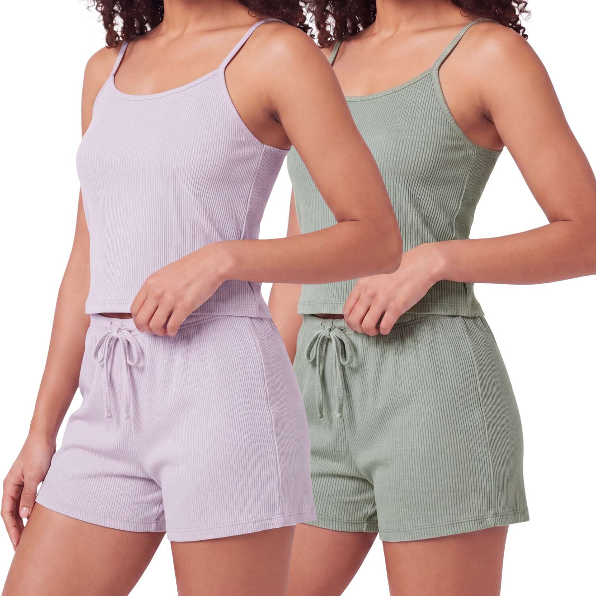 Real Essentials 2 Pack Women's Pajama Sets 2 Piece Ribbed Cropped Cami Shorts Sleepwear PJs - Solid Iceberg Green, Solid Orchid Petal