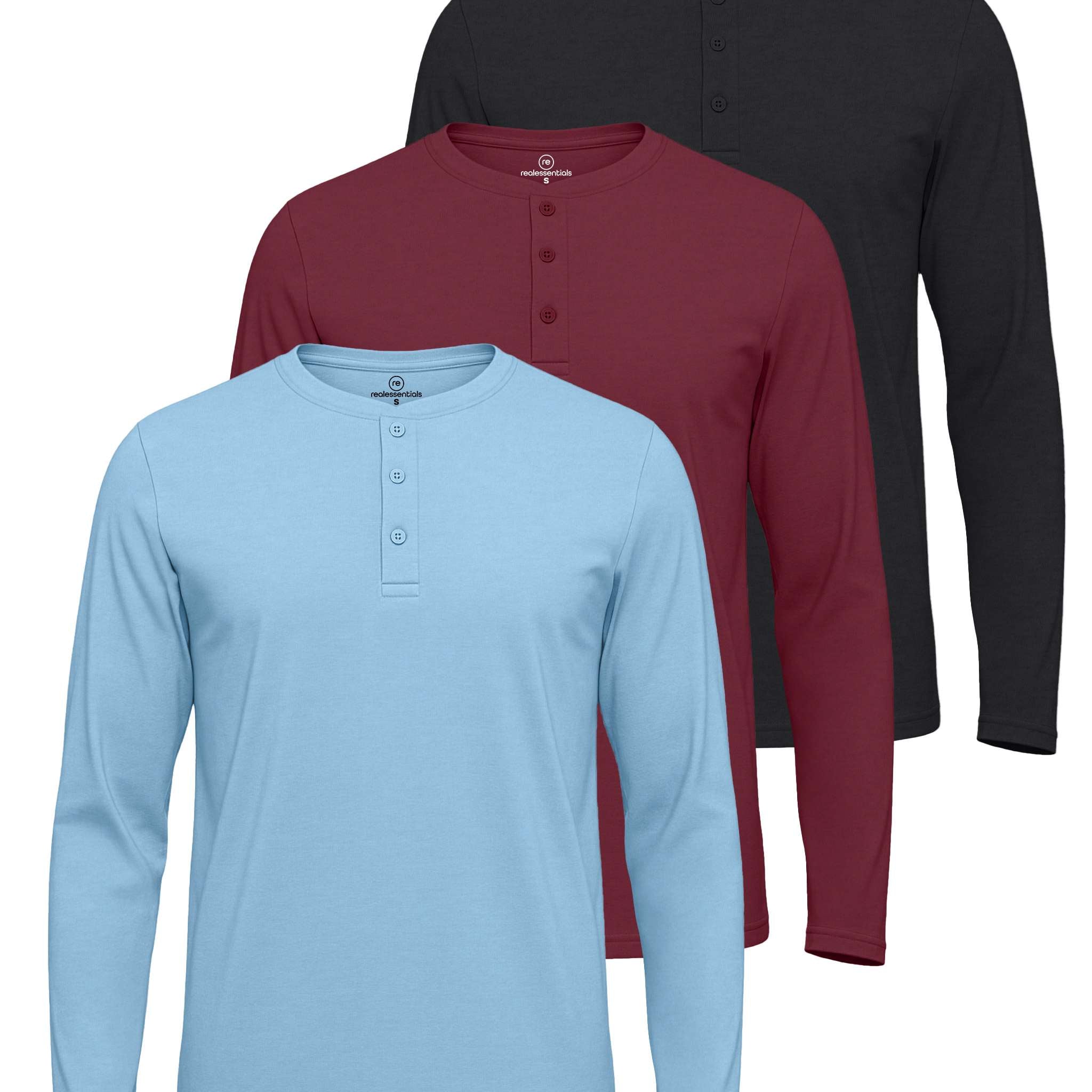 3 Pack: Mens Long Sleeve Cotton Henley T-Shirt