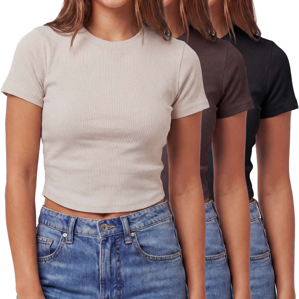 Real Essentials 3 Pack Women's Cropped Cotton Tshirts Ribbed Cap Sleeve Tees Going Out Tops - Solid Black, Solid Chocolate Torte, Solid Moonbeam
