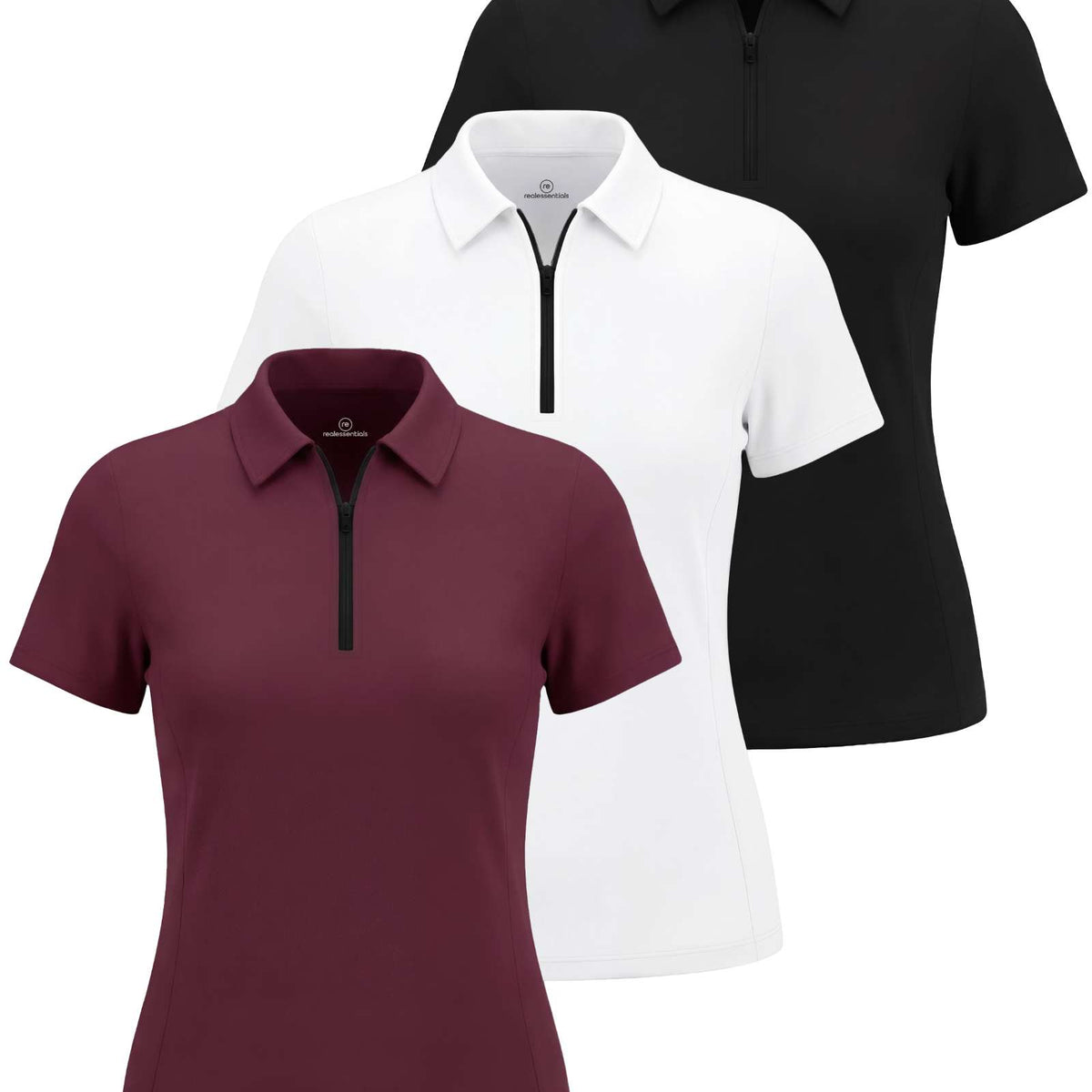 Real Essentials 3 Pack Women's Dry Fit Golf Polo Shirts with Zipper Short Sleeve Collared - Solid Black, Solid Burgundy, Solid Bright White