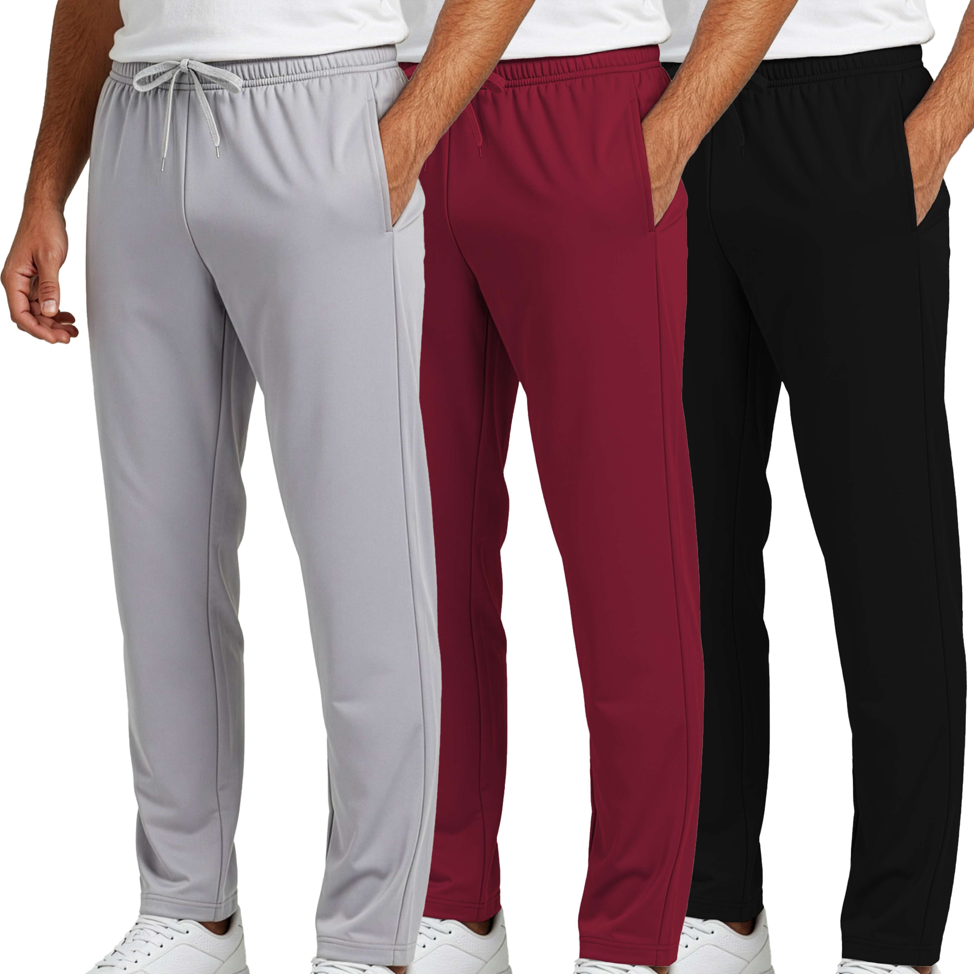 3 Pack: Mens Active Athletic Casual Tricot Open Bottom Sweatpants with Pockets (Available in Big & Tall)