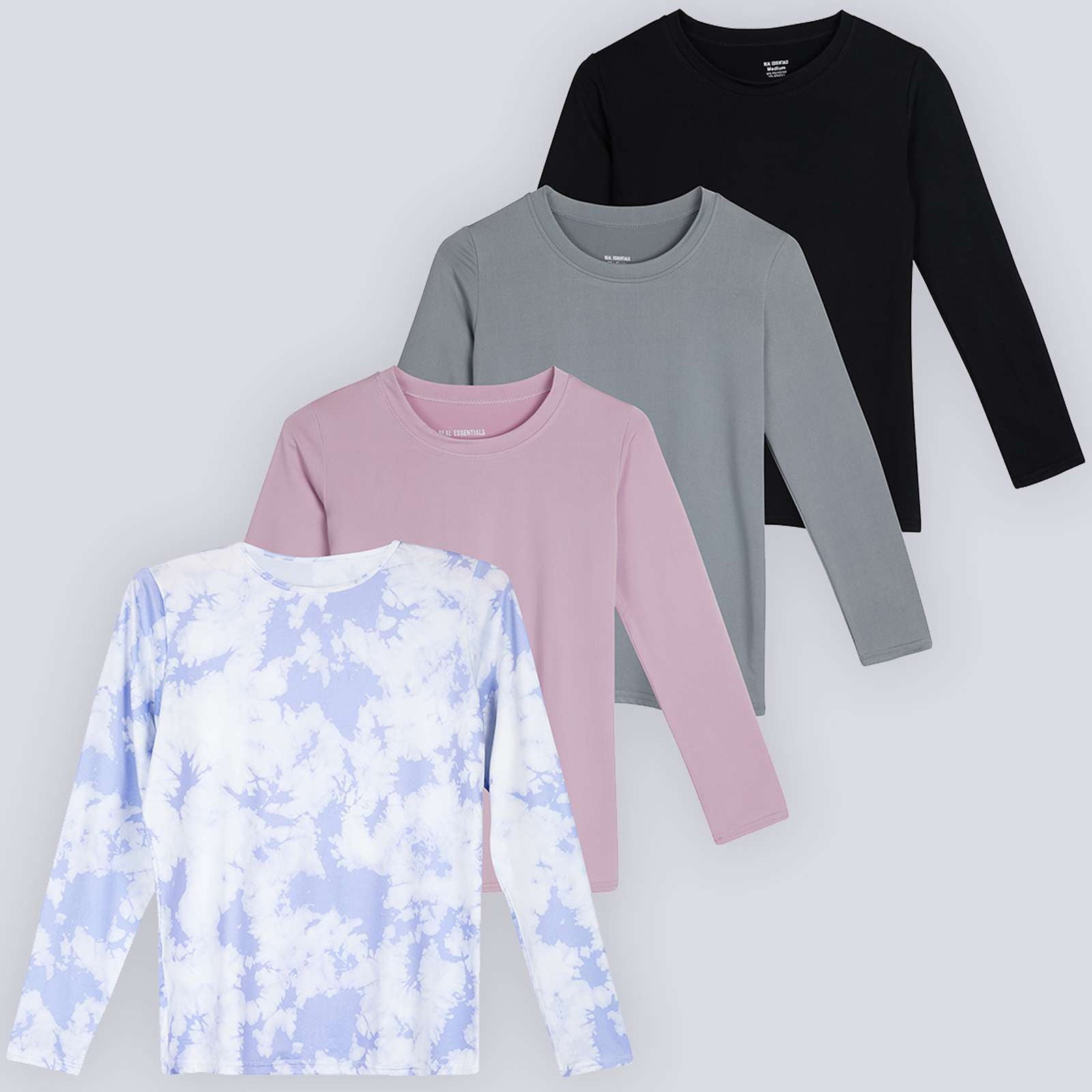 4 Pack: Girls Dry-Fit Long Sleeve Active Crew Neck T-Shirt