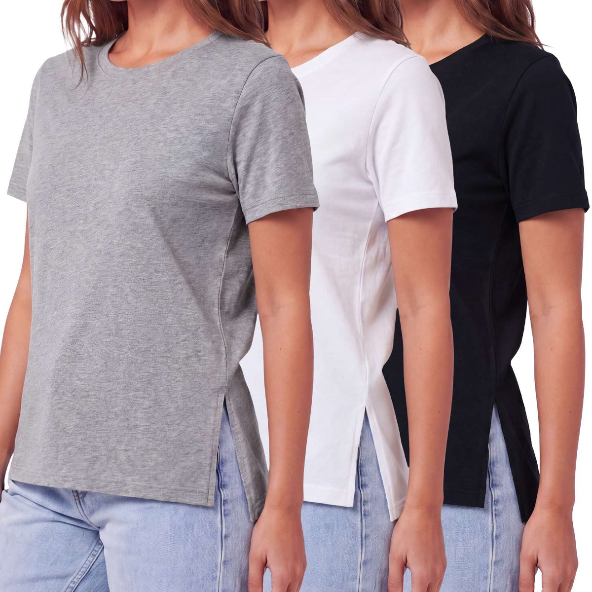 Real Essentials 3 Pack Women's Cotton Tshirts Split Hem Short Sleeve Crew Neck Tees Tops - Solid Black, Solid Bright White, Grey Heather
