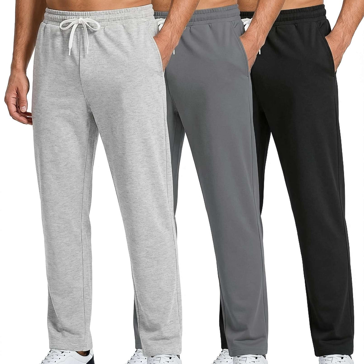 Real Essentials 3 Pack: Men's French Terry Open Bottom Sweatpants - Casual Lounge Comfort Gym with Pockets
