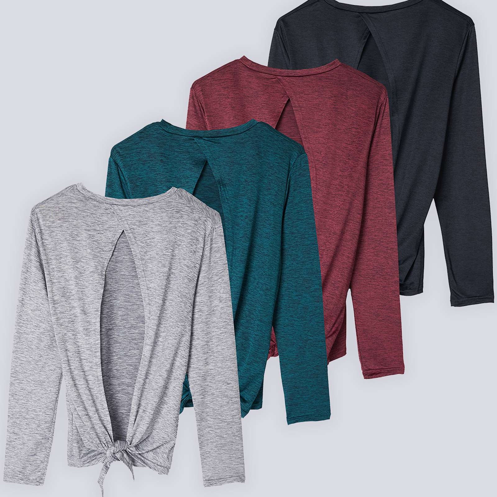 4 Pack: Women's Long-Sleeve Tie Back T-Shirt (Available in Plus Size)