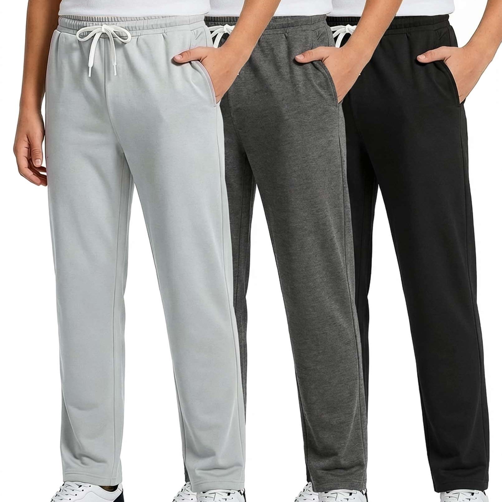 Real Essentials 3 Pack: Boys' French Terry Open Bottom Sweatpants Sweats for School Kids Teens with Pockets (Size 4-18)