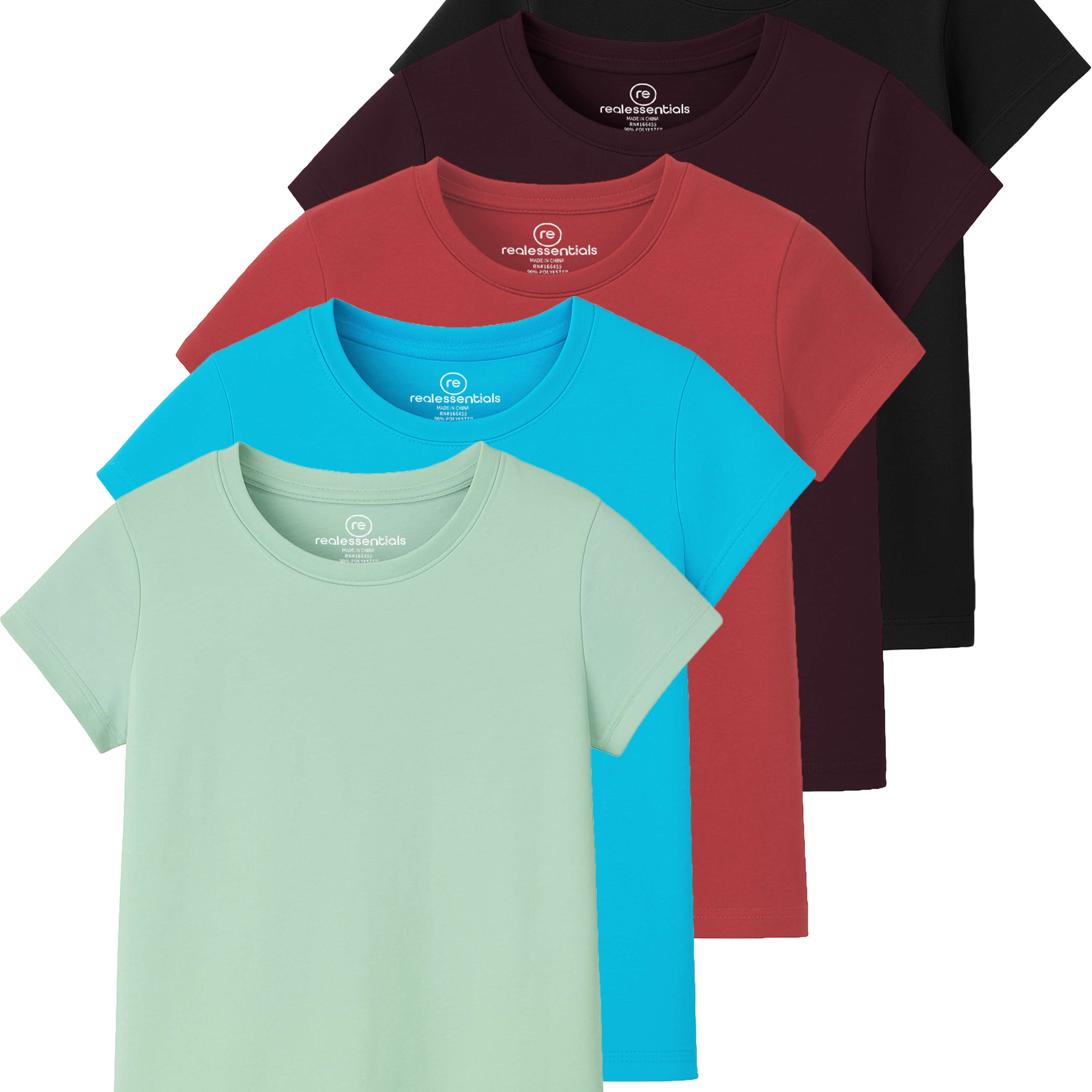 Real Essentials 5 Pack: Girls' Cotton Short Sleeve Crew Neck T-Shirt - Athletic Tee Shirt for Teens Kids Youth (Ages 4-16)
