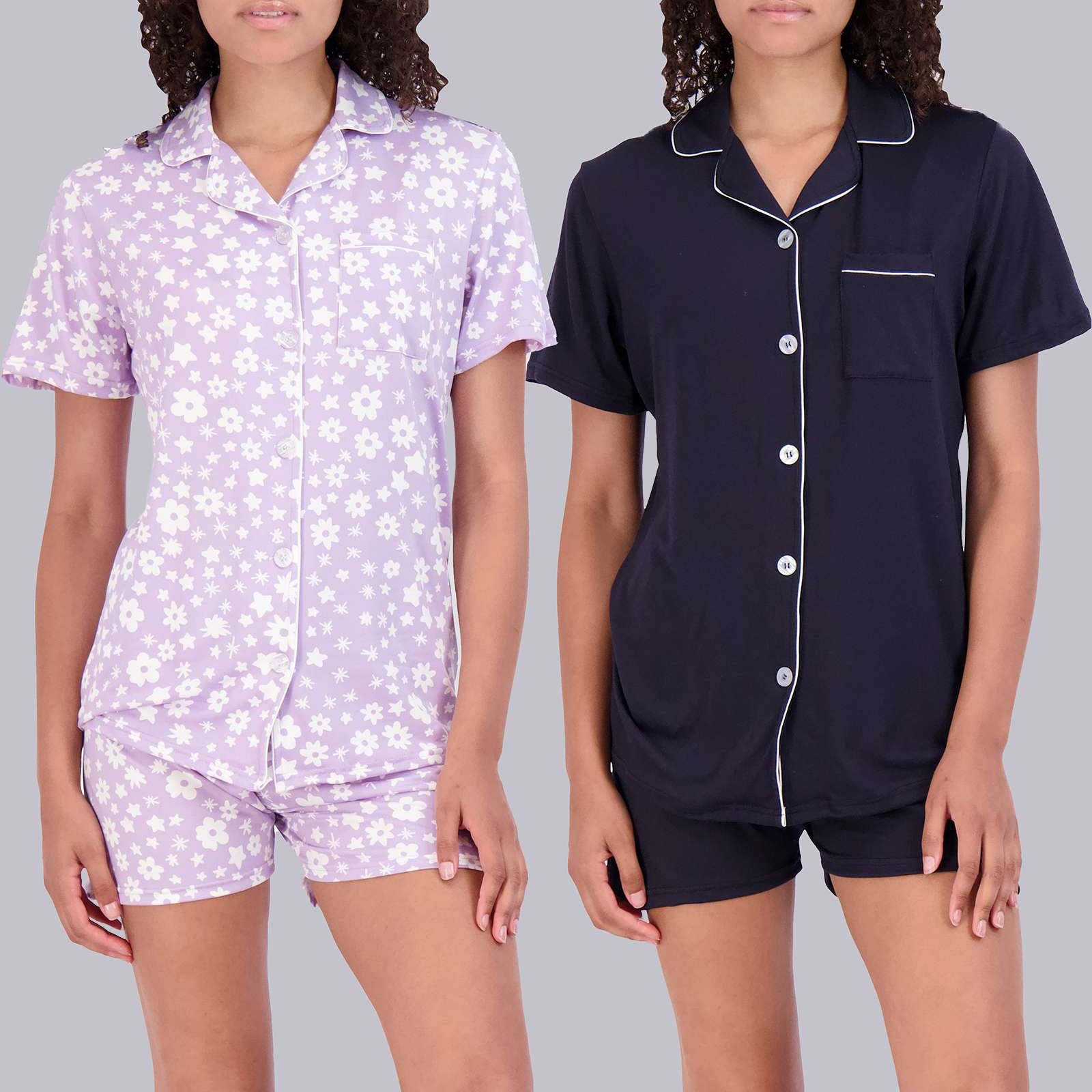 4 Piece: Womens Short Sleeve Button Down Pajama Set