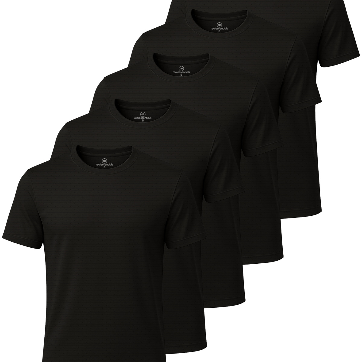 Real Essentials 5 Pack Men's Dry Fit Short Sleeve Crew T Shirts Gym Tees Athletic Workout - Solid Black, Solid Black, Solid Black, Solid Black, Solid Black