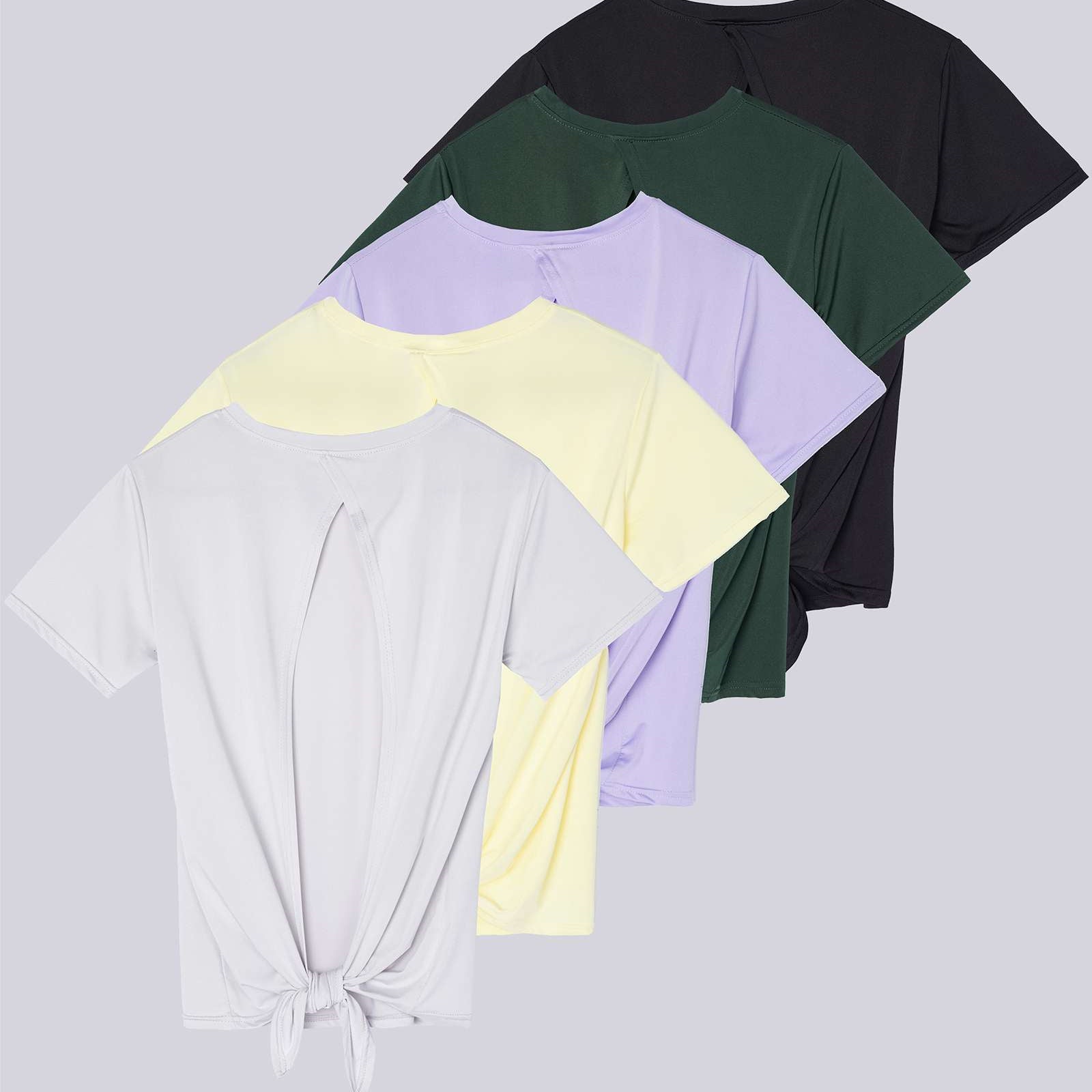 5 Pack: Women's Short Sleeve Open Back Tie Back Dry-Fit T-Shirt