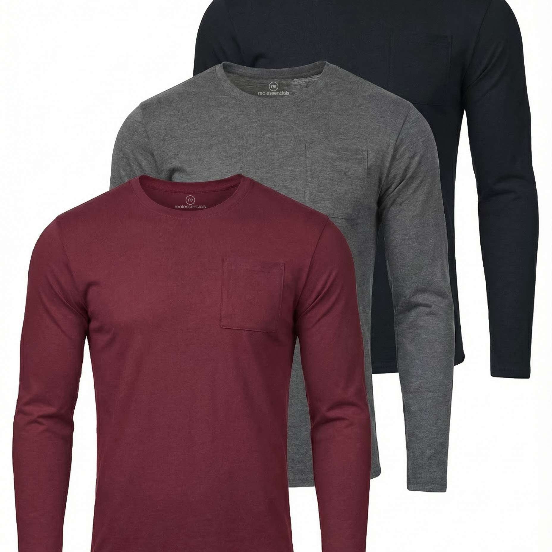 3 Pack: Mens Cotton Long Sleeve Crew Neck Pocket T-Shirt