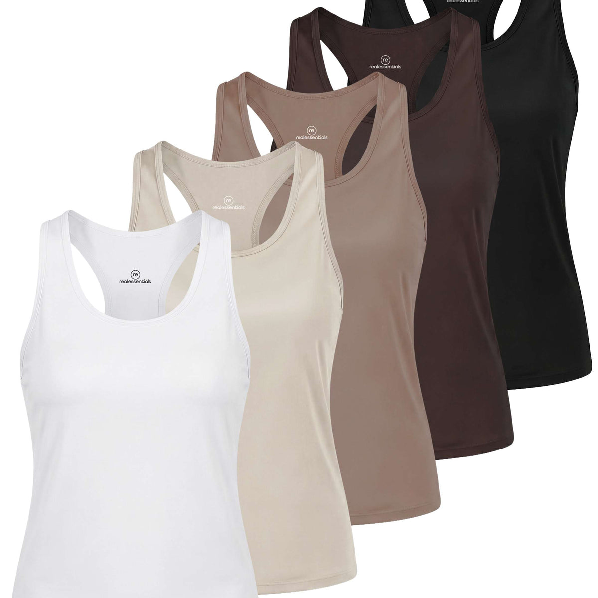 Real Essentials 5 Pack Women's Racerback Crop Tank Tops Dry Fit Workout Athletic Gym Yoga - Solid Black, Solid Chocolate Torte, Solid Coffee Quartz, Solid Moonbeam, Solid Bright White