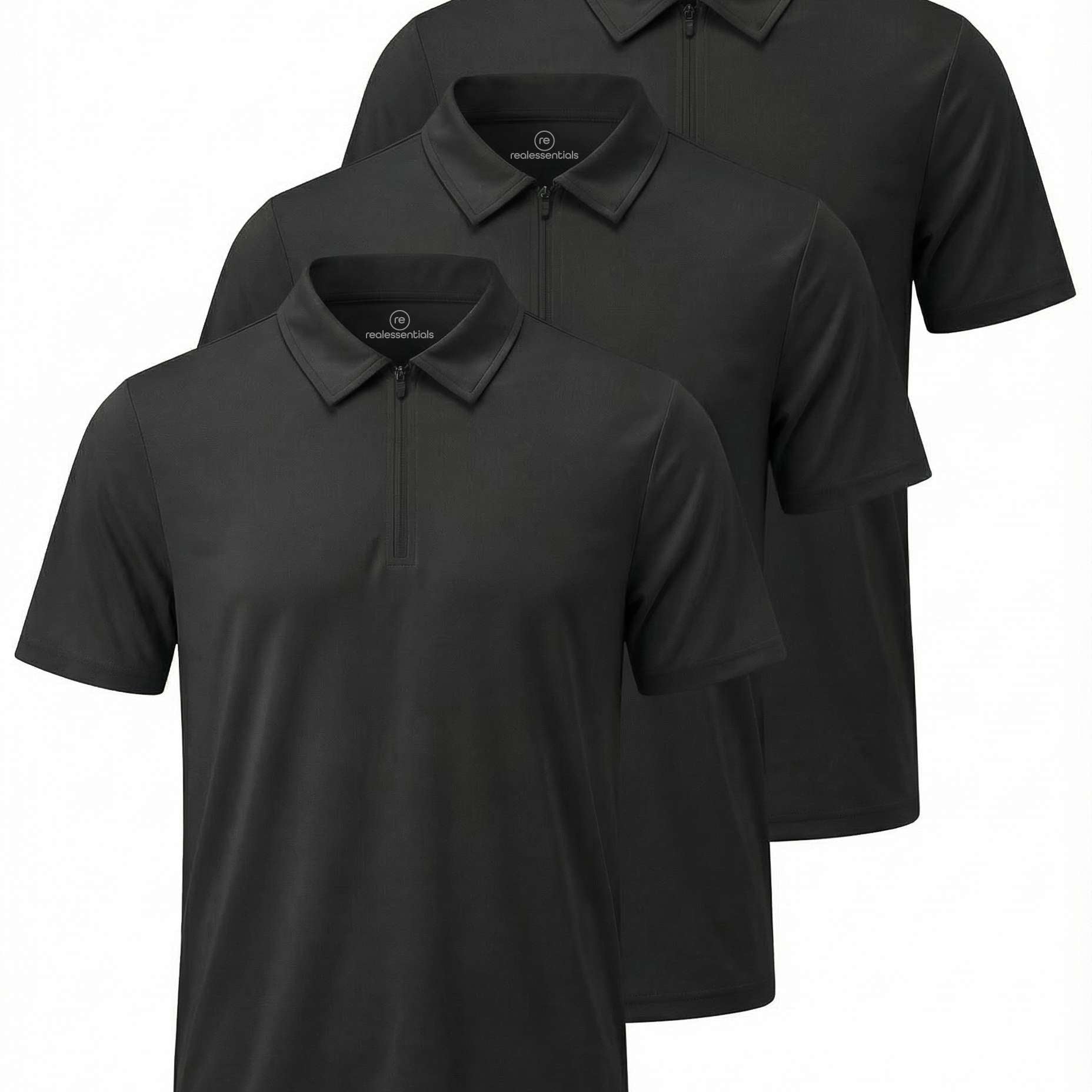 Real Essentials 3 Pack: Men's Polo Shirts Zipper Short Sleeve Dry Fit Quarter Zip Golf Athletic Workout Gym Collared