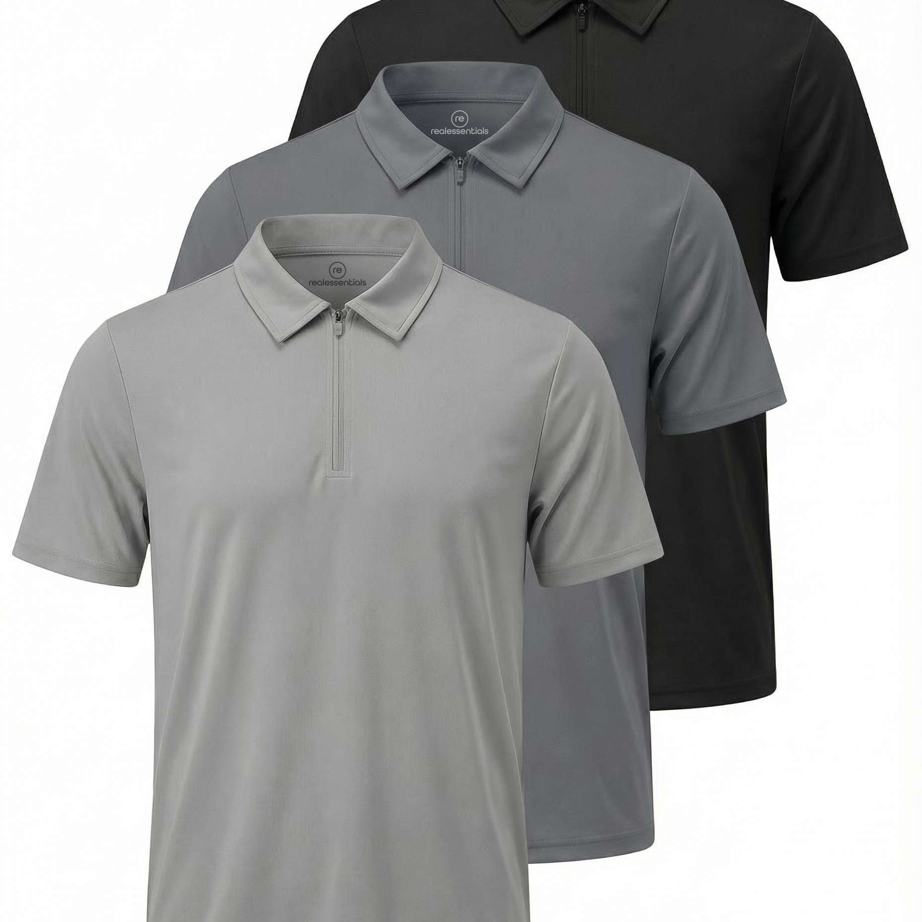 Real Essentials 3 Pack: Men's Polo Shirts Zipper Short Sleeve Dry Fit Quarter Zip Golf Athletic Workout Gym Collared