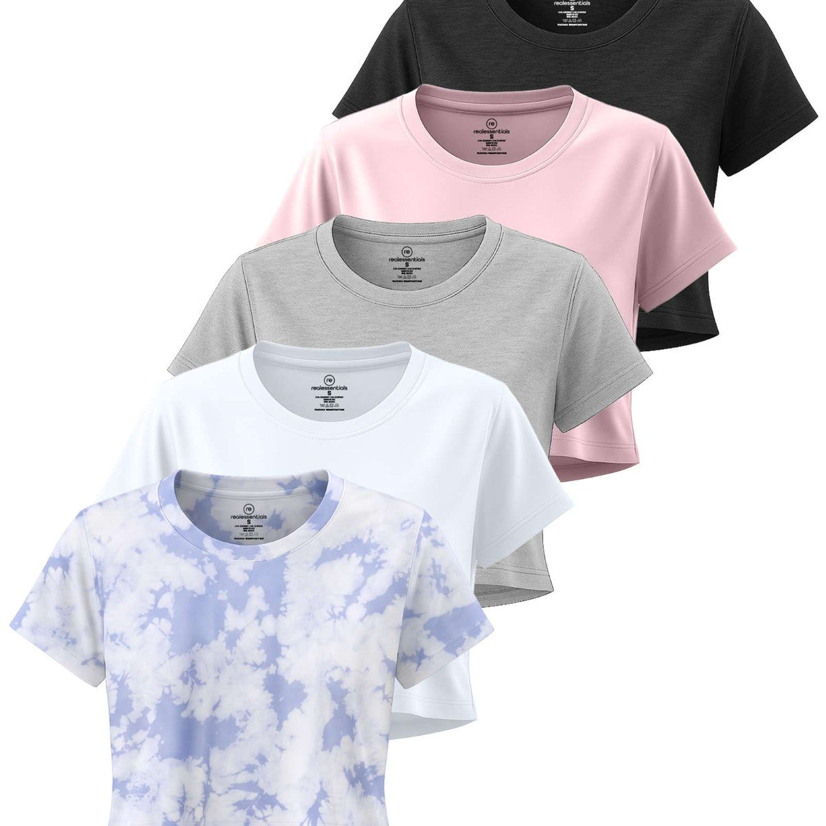 Real Essentials 5 Pack Women's Dry Fit Crop Top Workout T Shirts Short Sleeve Athletic Gym - Set 6