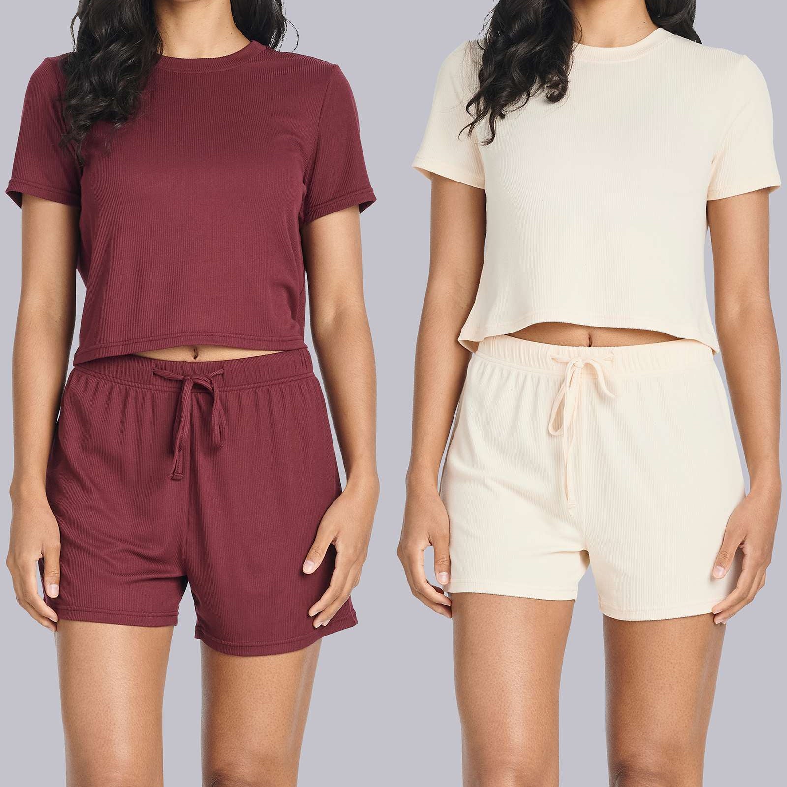 2 Pack: Women's Soft Ribbed Knit Crop Top & Short Set