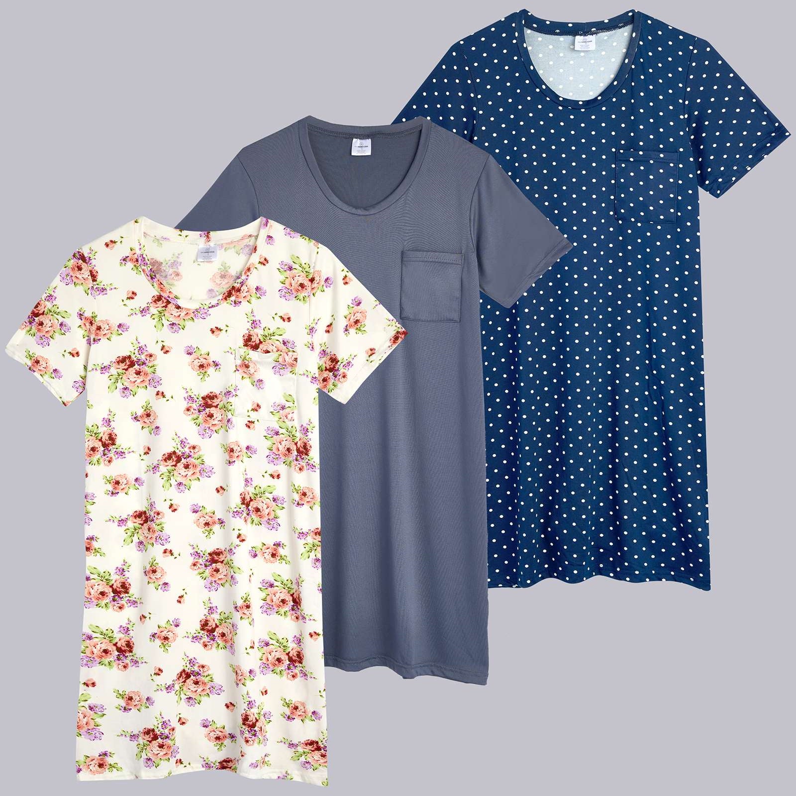 3 Pack: Womens Short-Sleeve Ultra-Soft Nightshirt Sleep Dress