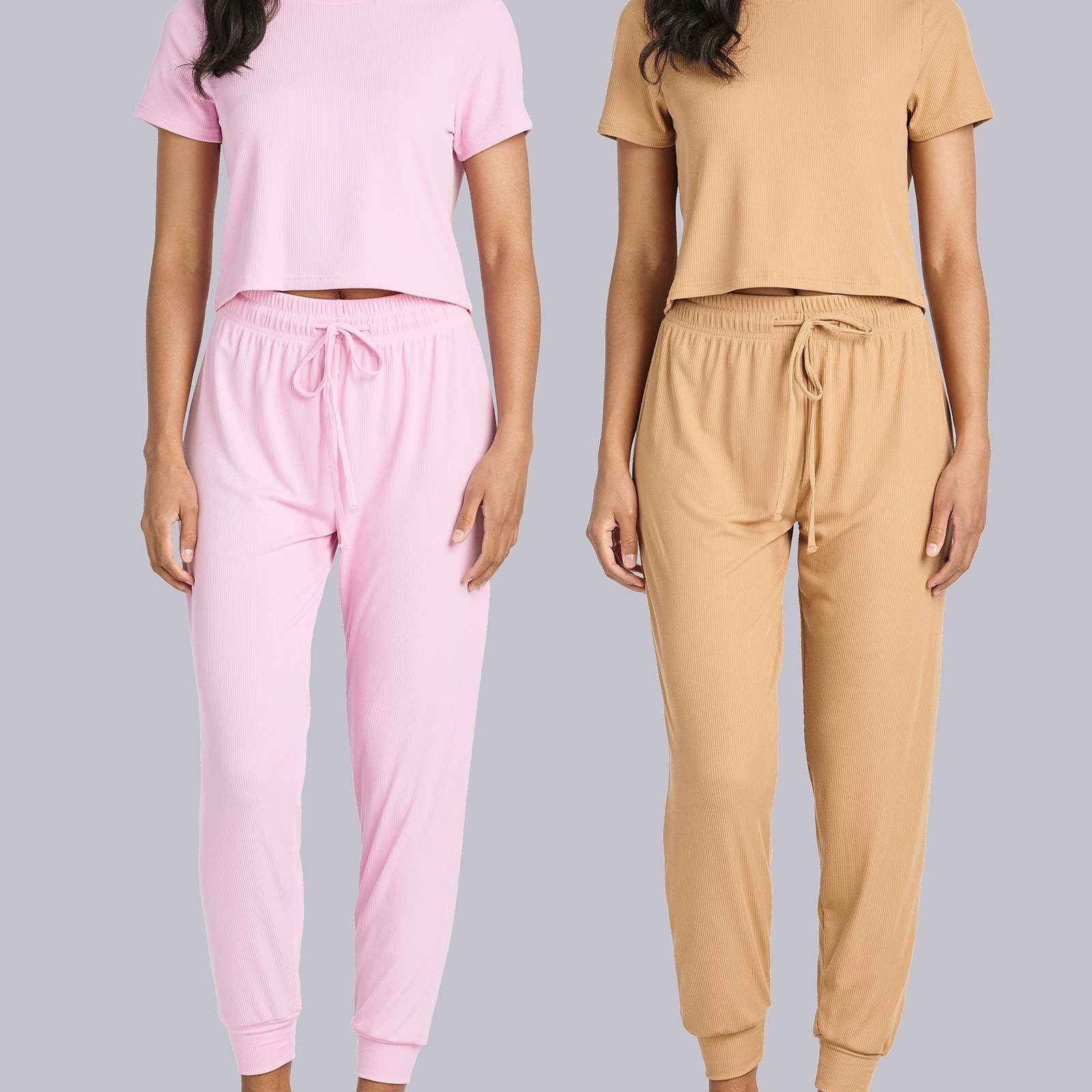 2 Pack: Women's Ribbed Knit Cropped Top with Jogger Sweatpants