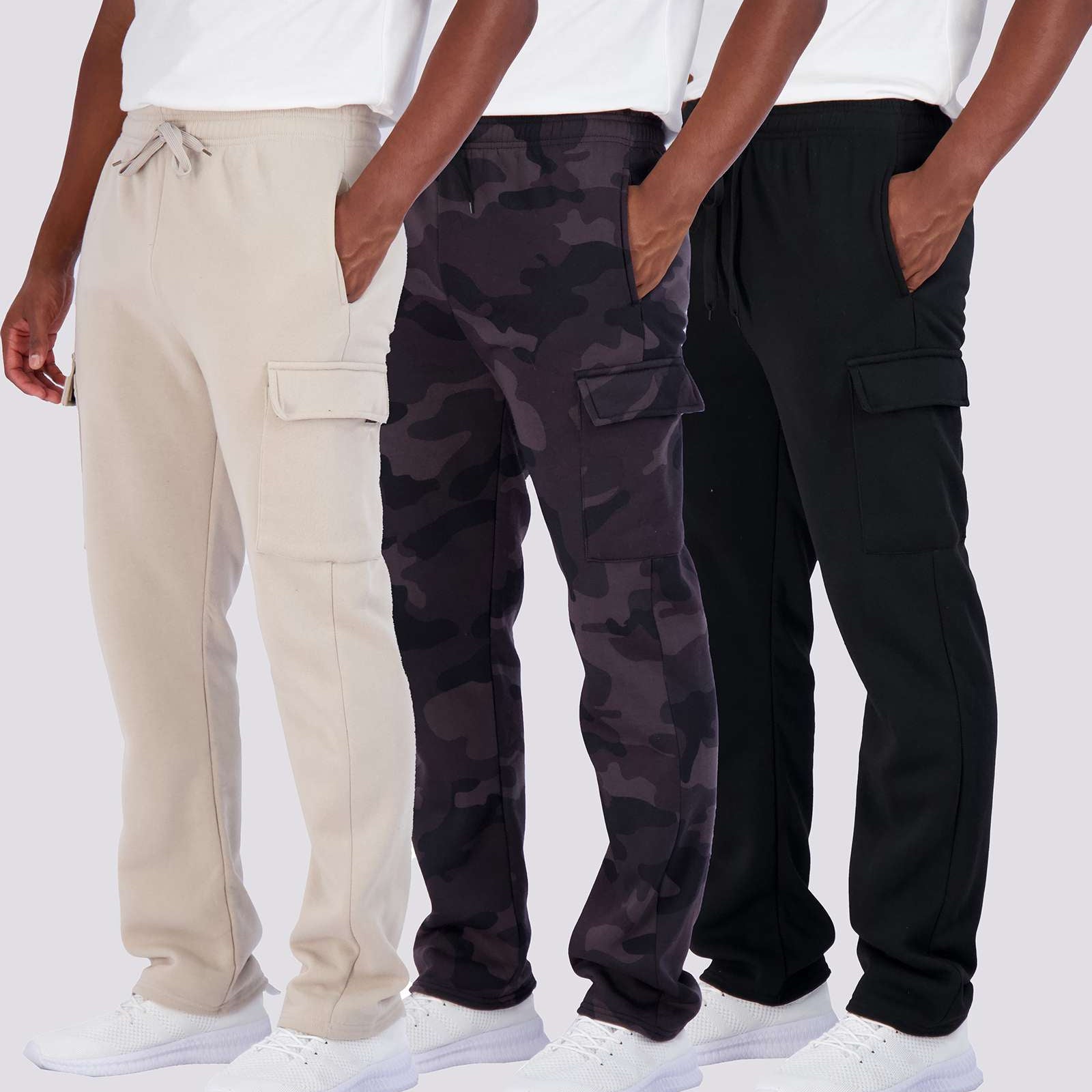 3 Pack: Mens Fleece Cargo Open Bottom Sweatpants