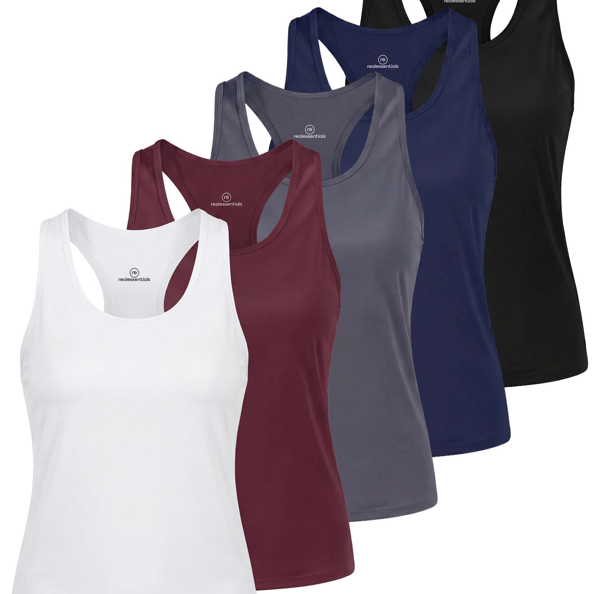 Real Essentials 5 Pack Women's Racerback Crop Tank Tops Dry Fit Workout Athletic Gym Yoga - Solid Black, Solid Navy Blazer, Solid Quiet Shade, Solid Burgundy, Solid Bright White