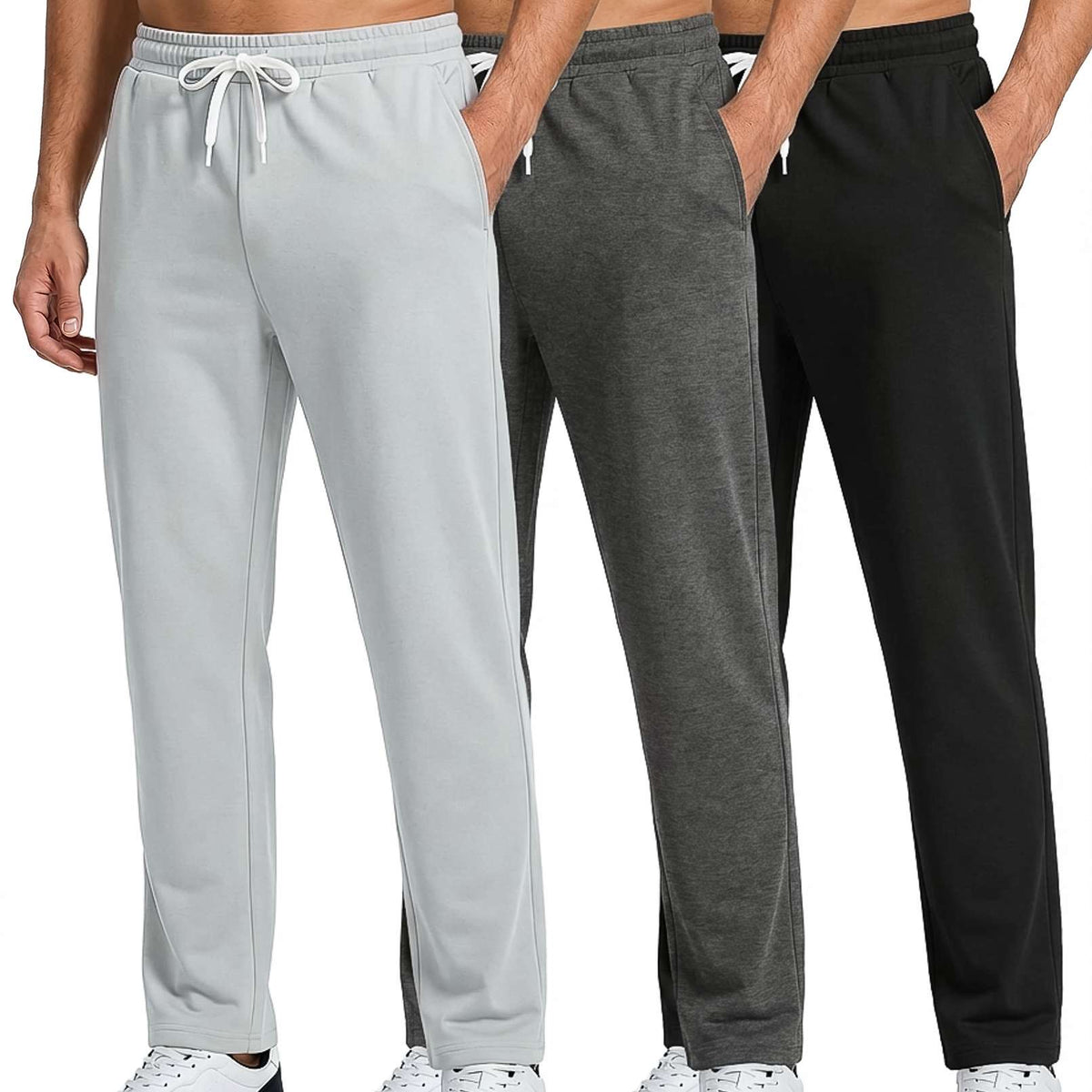 Real Essentials 3 Pack: Men's French Terry Open Bottom Sweatpants - Casual Lounge Comfort Gym with Pockets
