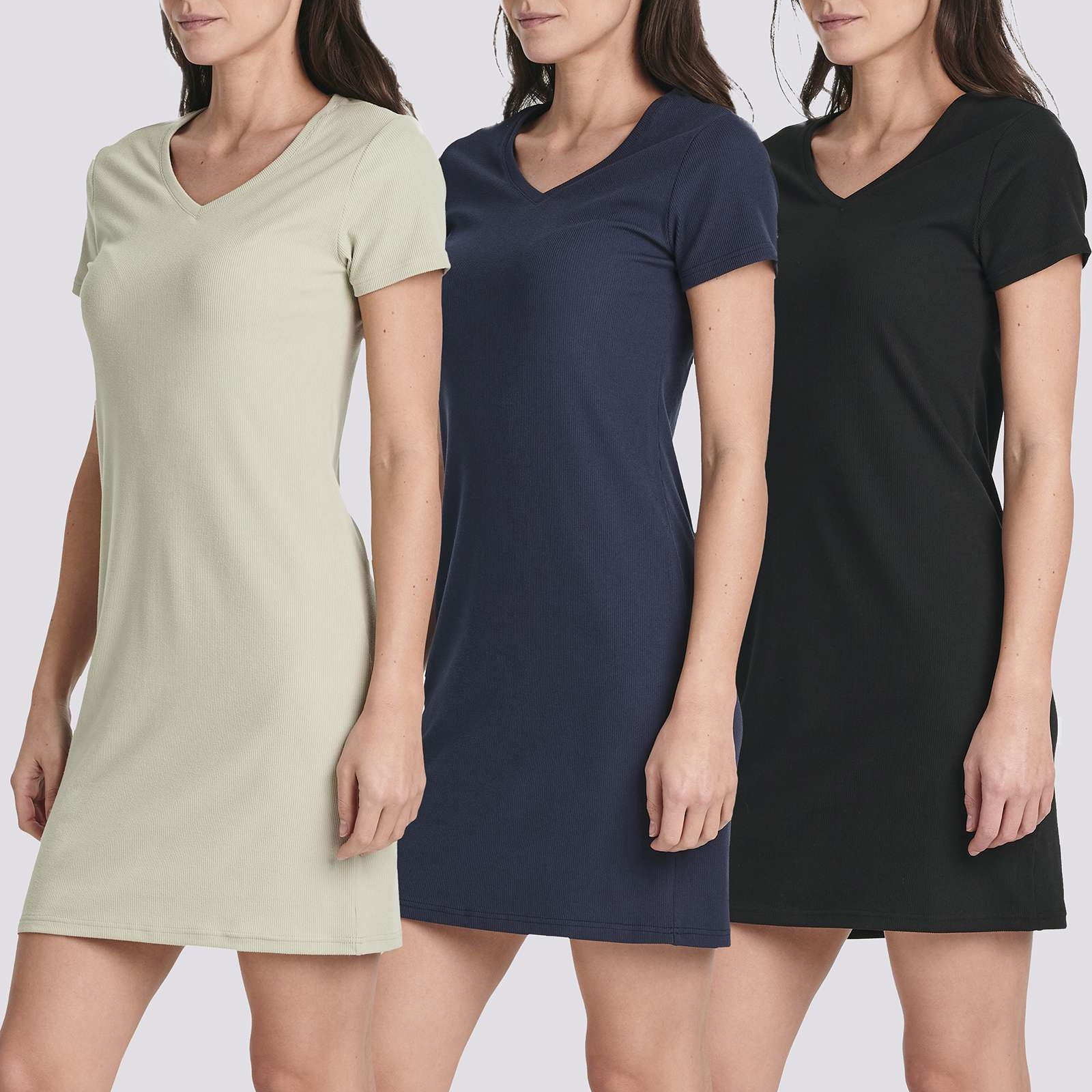 3 Pack: Women's Ribbed Knit Short-Sleeve V-Neck Swing Dress