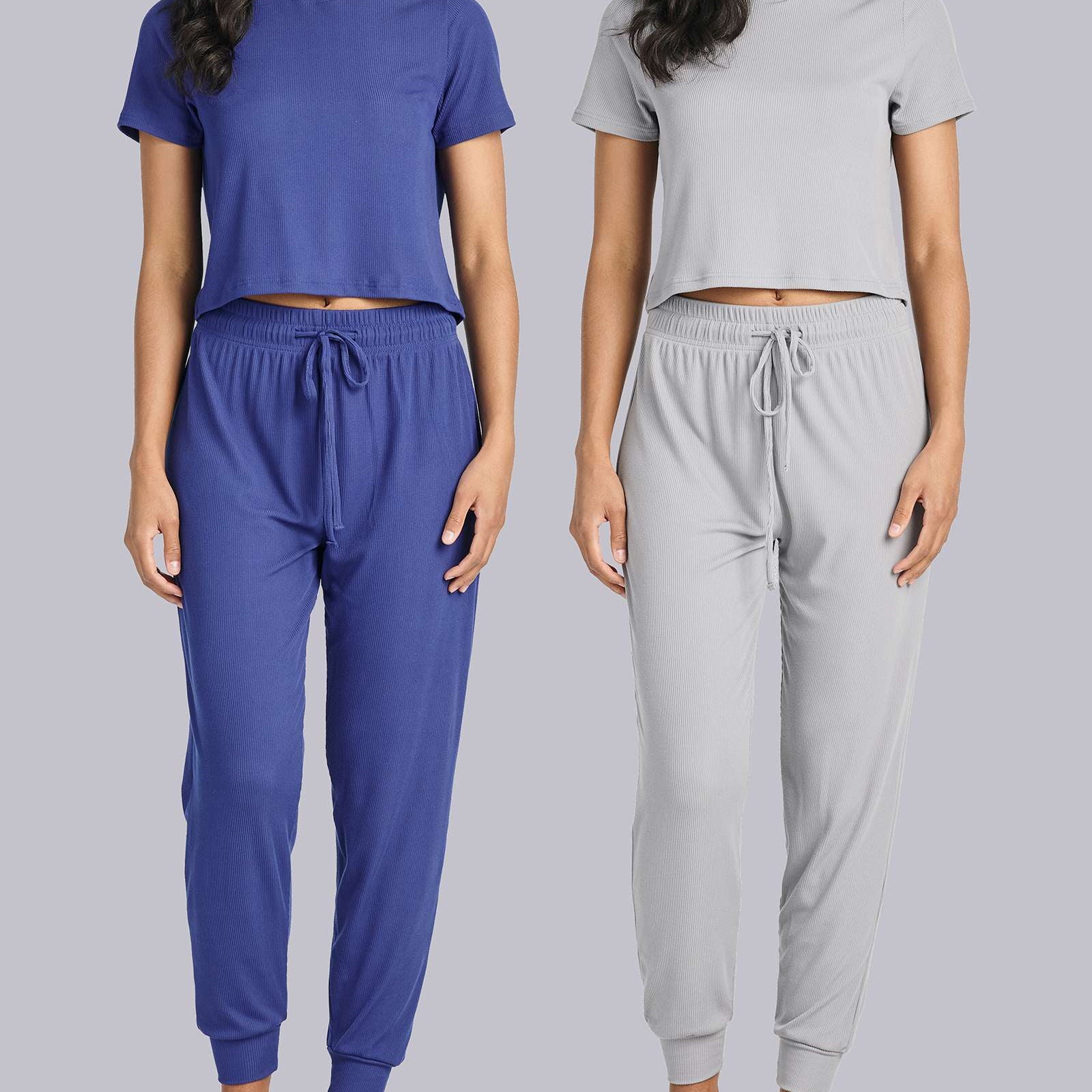 2 Pack: Women's Ribbed Knit Cropped Top with Jogger Sweatpants