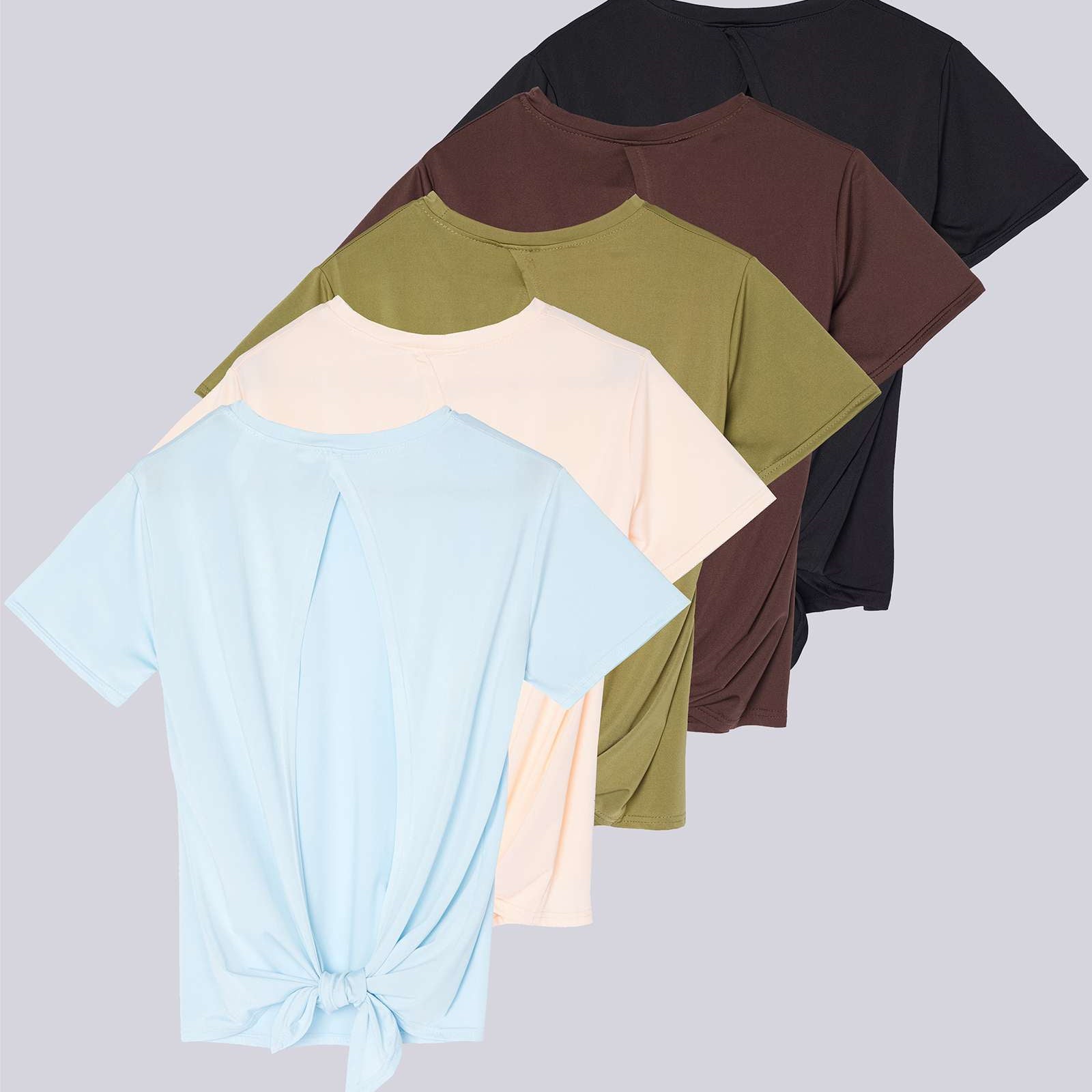 5 Pack: Women's Short Sleeve Open Back Tie Back Dry-Fit T-Shirt