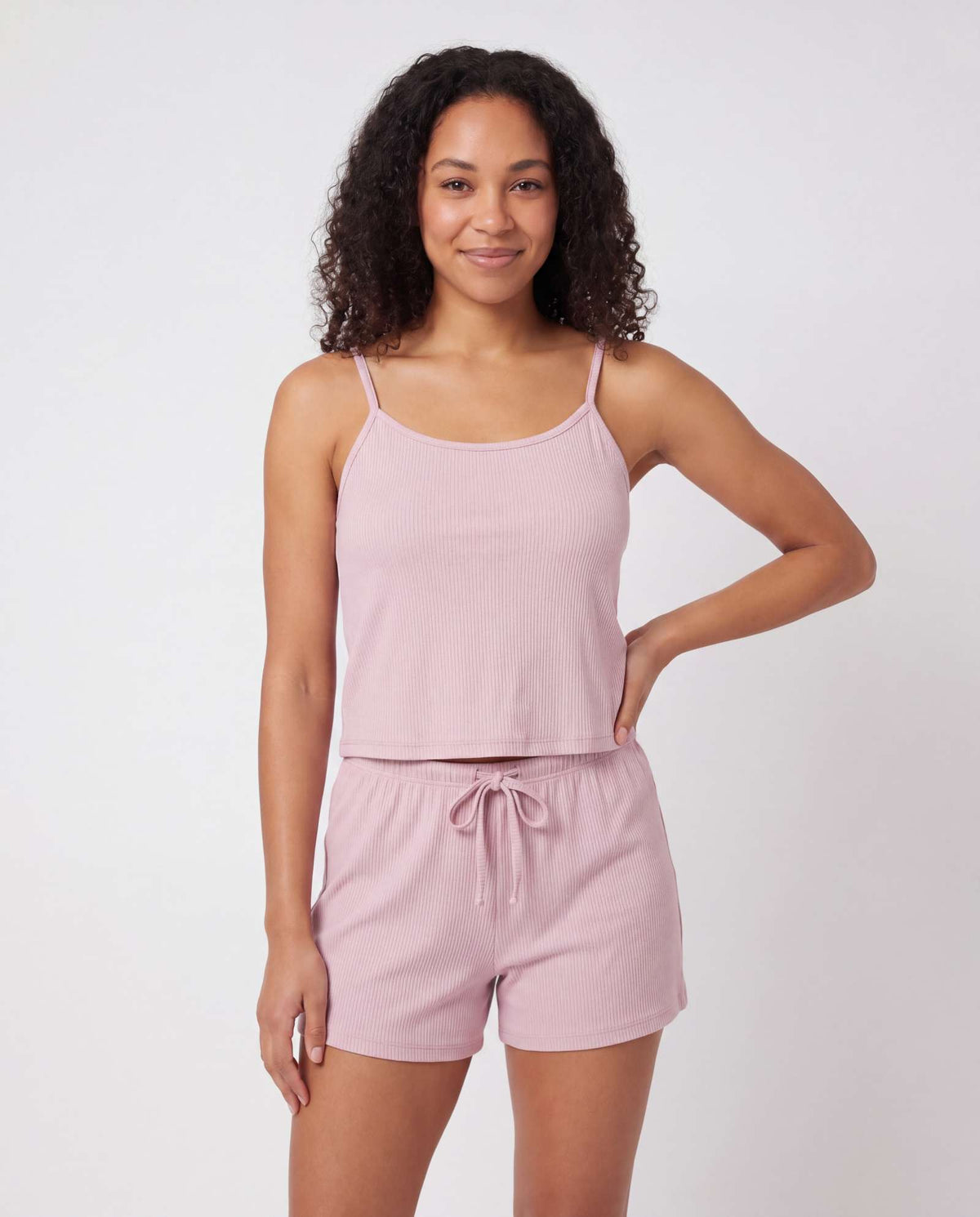 Real Essentials 2 Pack Women's Pajama Sets 2 Piece Ribbed Cropped Cami Shorts Sleepwear PJs - Solid Ballad Blue, Solid Pale Lilac