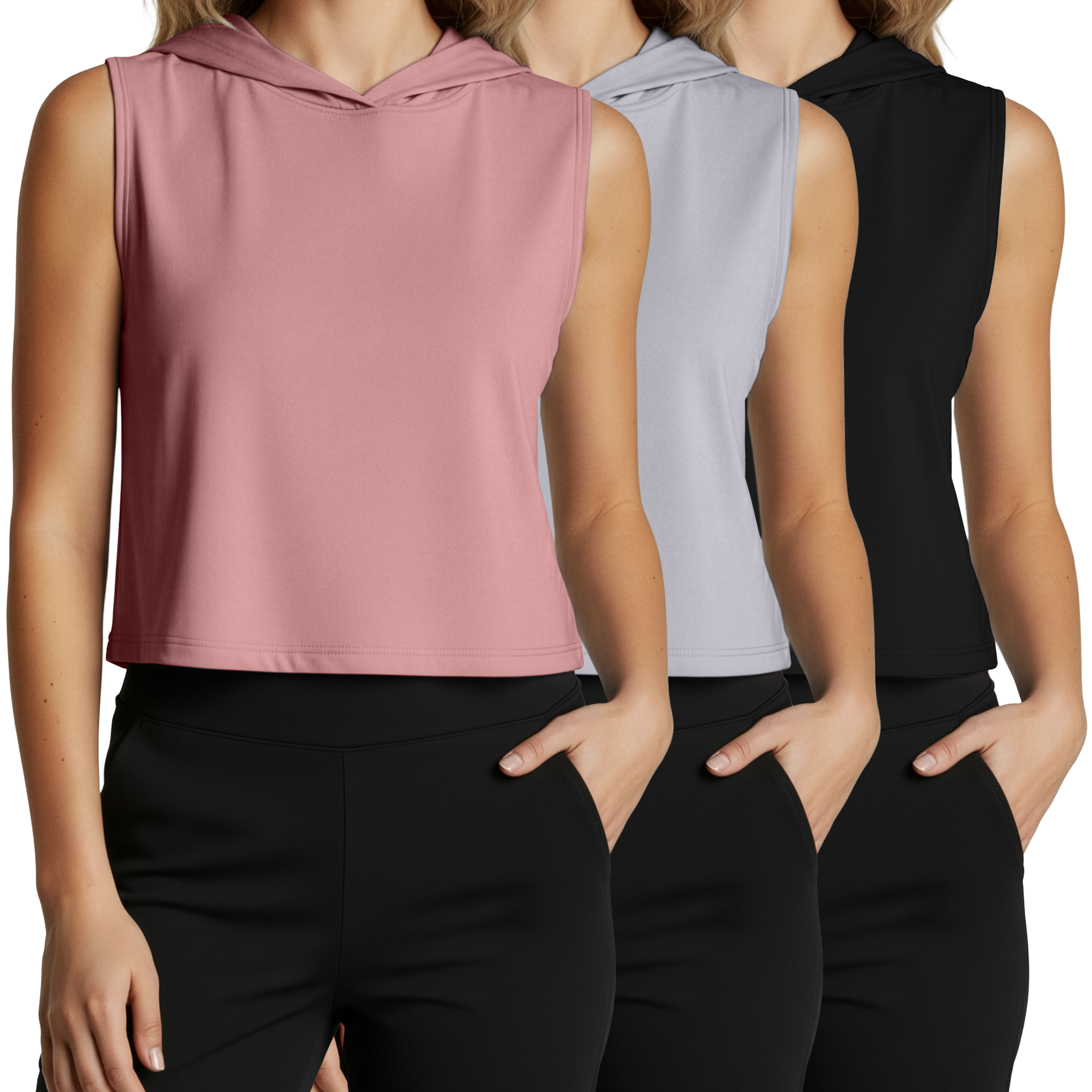 3 Pack: Women's Sleeveless Cropped Tank Top Hoodie