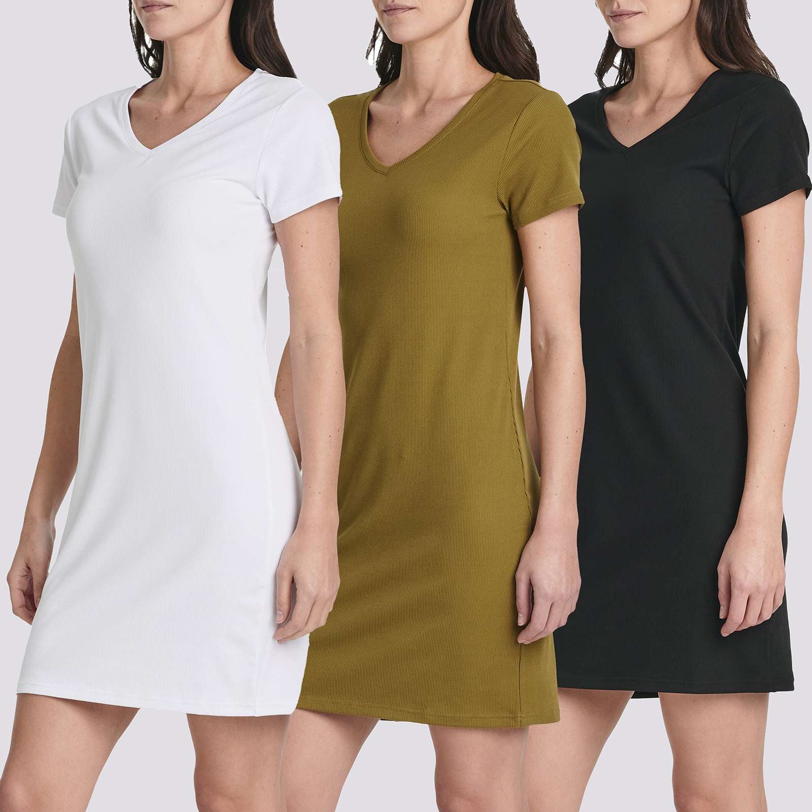 3 Pack: Women's Ribbed Knit Short-Sleeve V-Neck Swing Dress