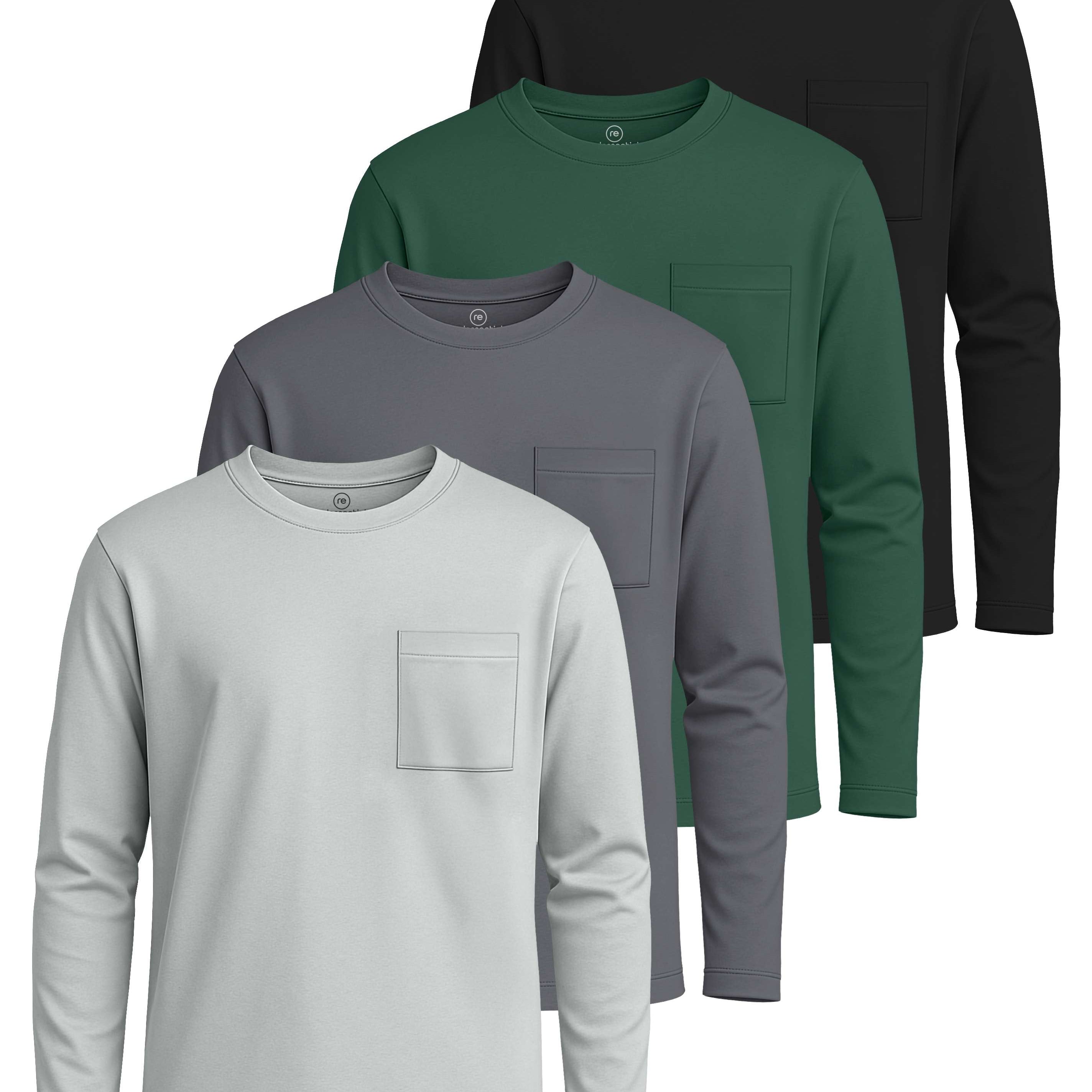 Real Essentials 4 Pack: Boys' Cotton Jersey Long Sleeve T-Shirt with Pocket - Kids Teens Youth Crew Neck Tee Top (Ages 4-16)