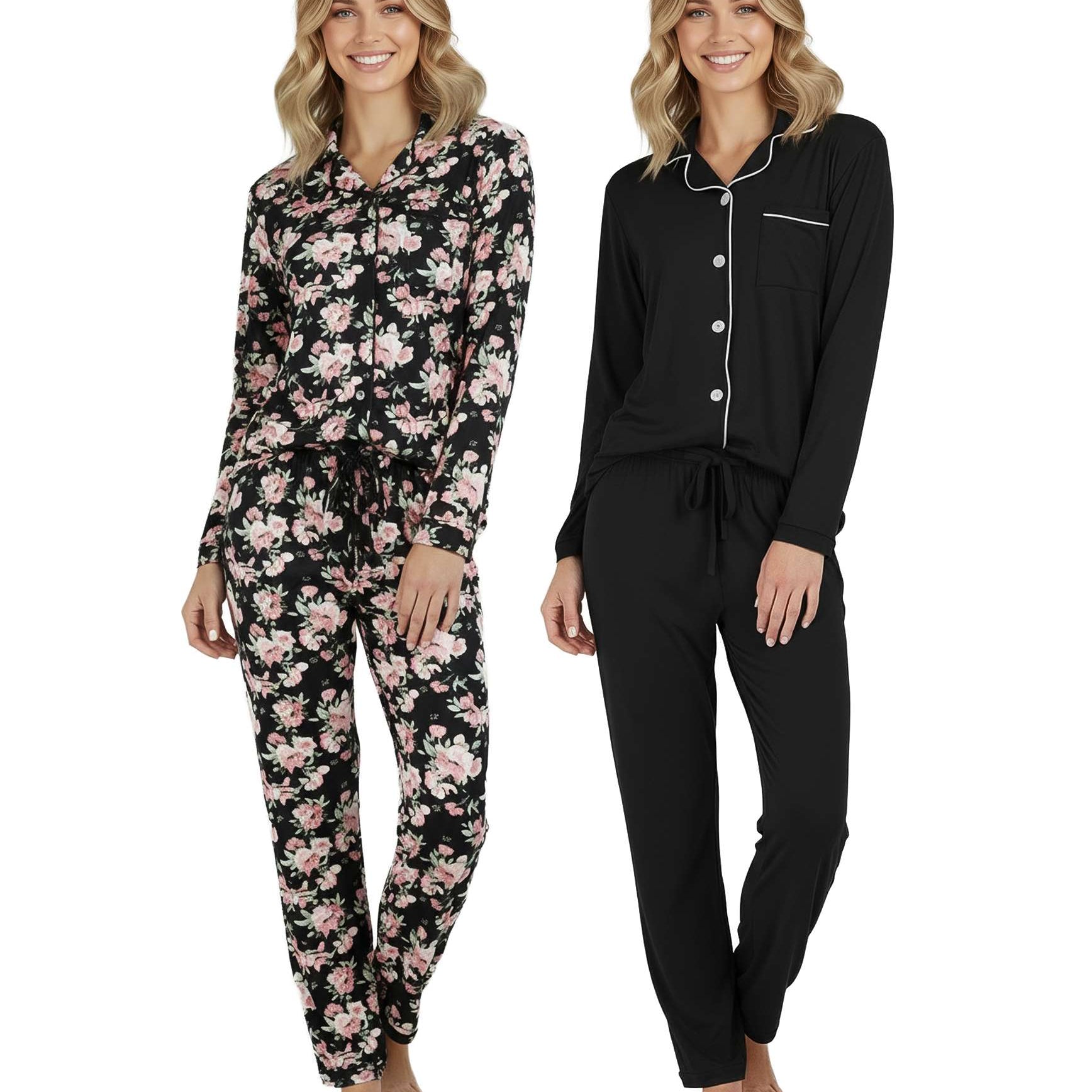 4 Piece: Women’s Long Sleeve Button Down Pajama Set