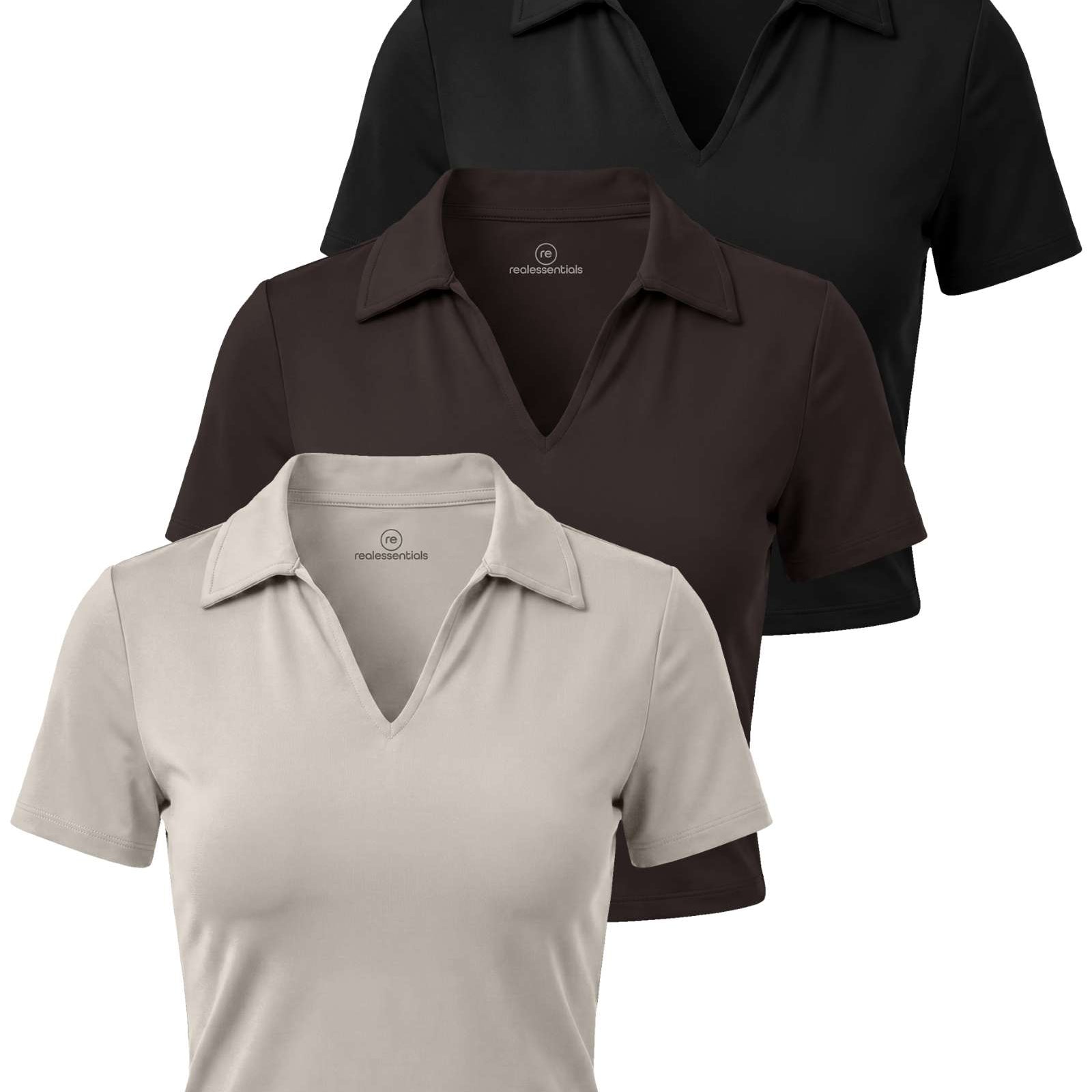 Real Essentials 3 Pack: Women's V Neck Crop Polo Shirts - Short Sleeve Sweater Dry Fit Golf Athletic Workout Collared Tops