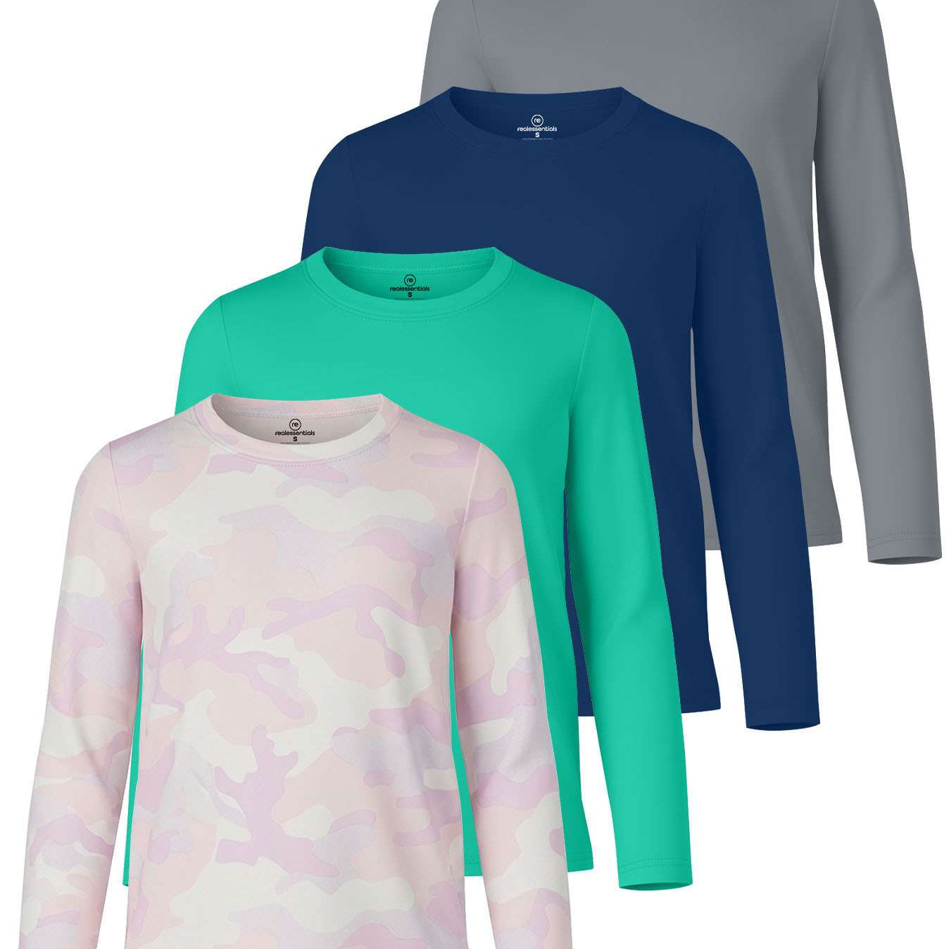 4 Pack: Girls Dry-Fit Long Sleeve Active Crew Neck T-Shirt