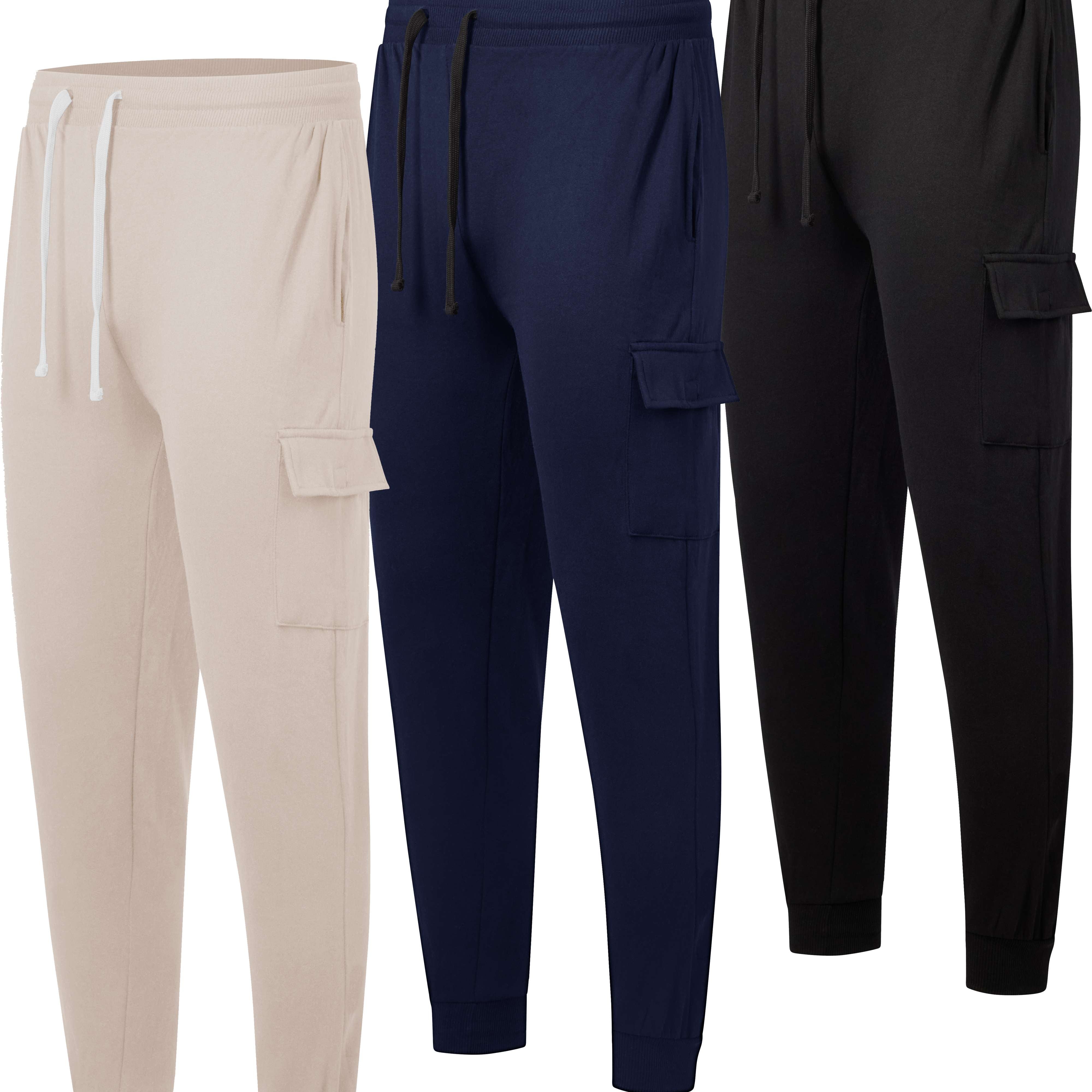 Real Essentials 3 Pack: Men's Cotton Fleece Cargo Jogger Sweatpants with Pockets
