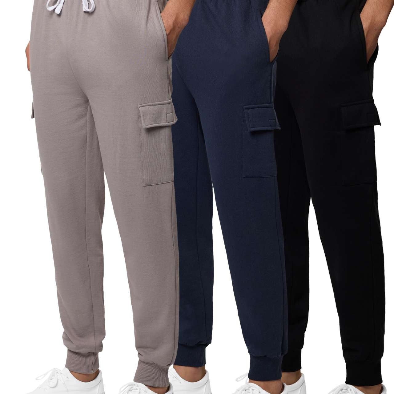 Real Essentials 3 Pack: Men's Cotton Fleece Cargo Jogger Sweatpants with Pockets