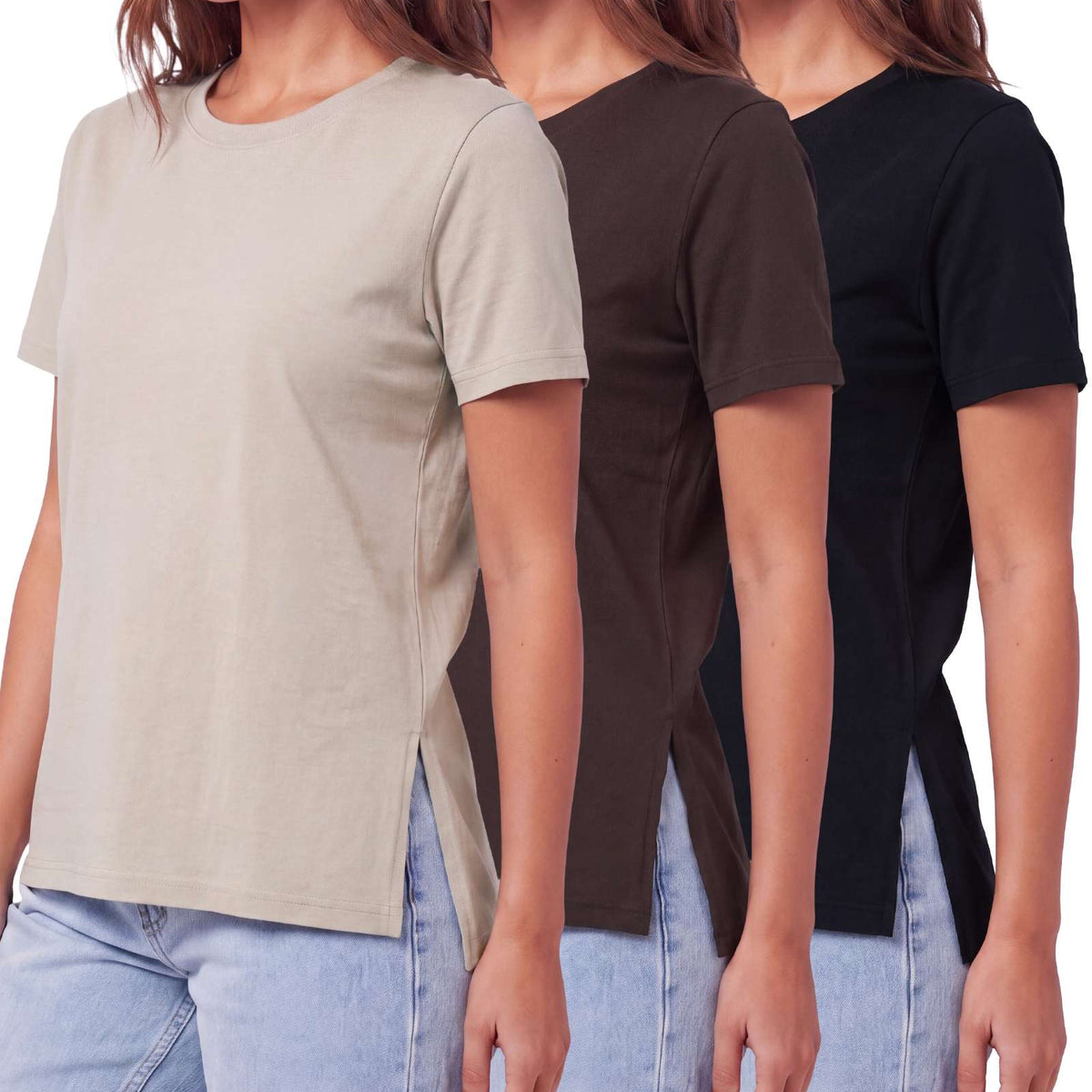 Real Essentials 3 Pack Women's Cotton Tshirts Split Hem Short Sleeve Crew Neck Tees Tops - Solid Black, Solid Chocolate Torte, Solid Moonbeam