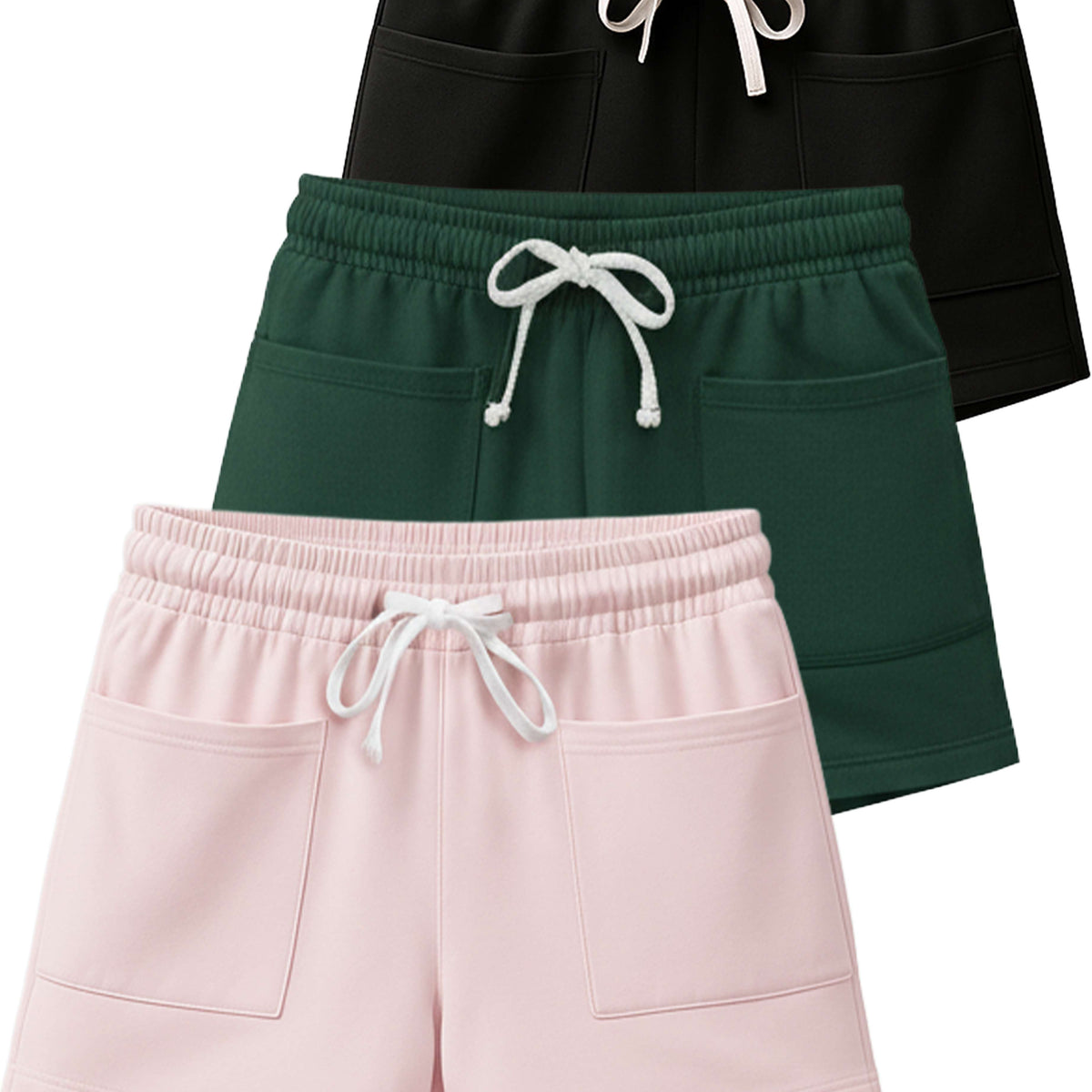 Real Essentials 3 Pack Women's French Terry Shorts Sweatshorts Lounge Gym Square Pockets - Set 7