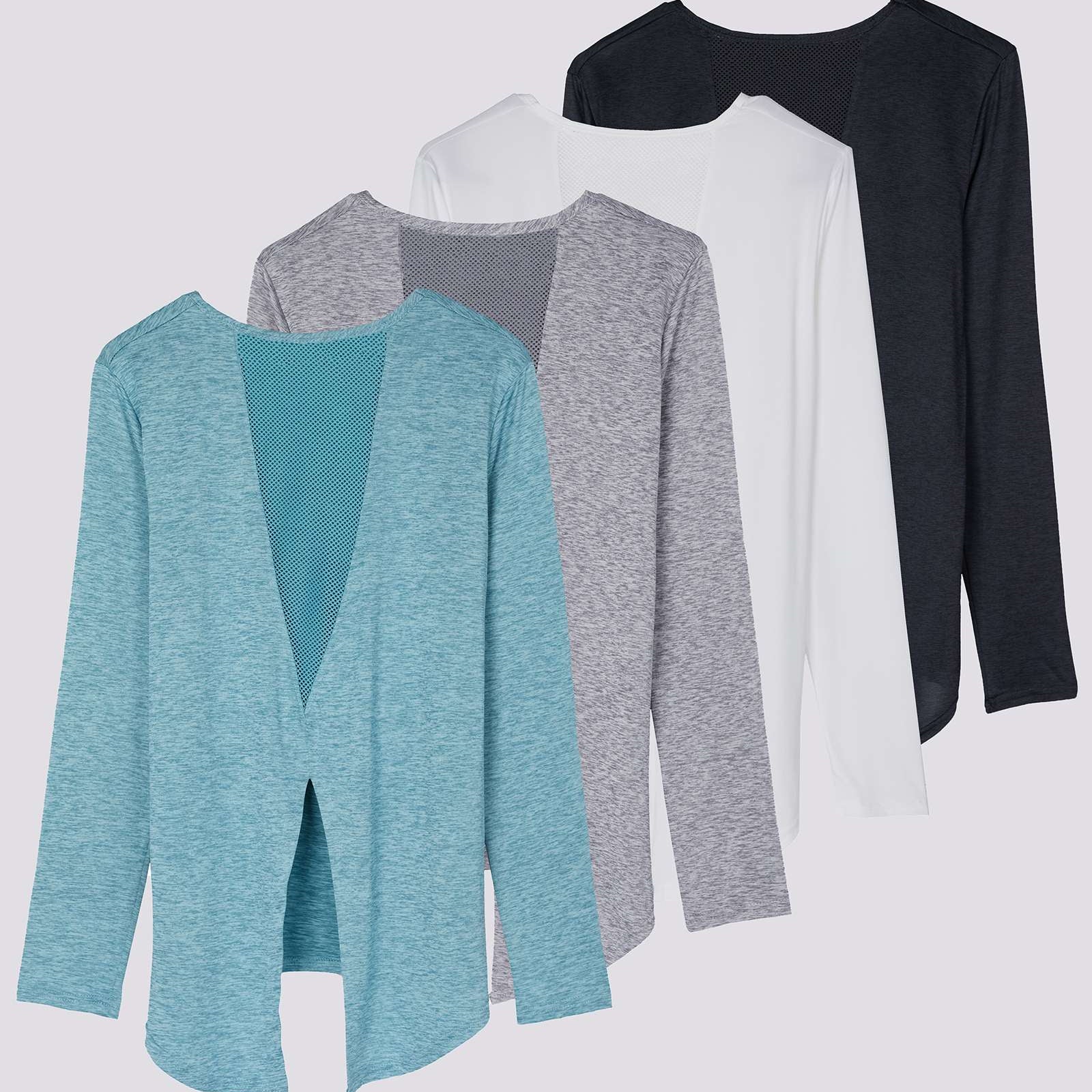 4 Pack: Women's Long-Sleeve Mesh Insert Tie Back Shirt (Available in Plus Size)