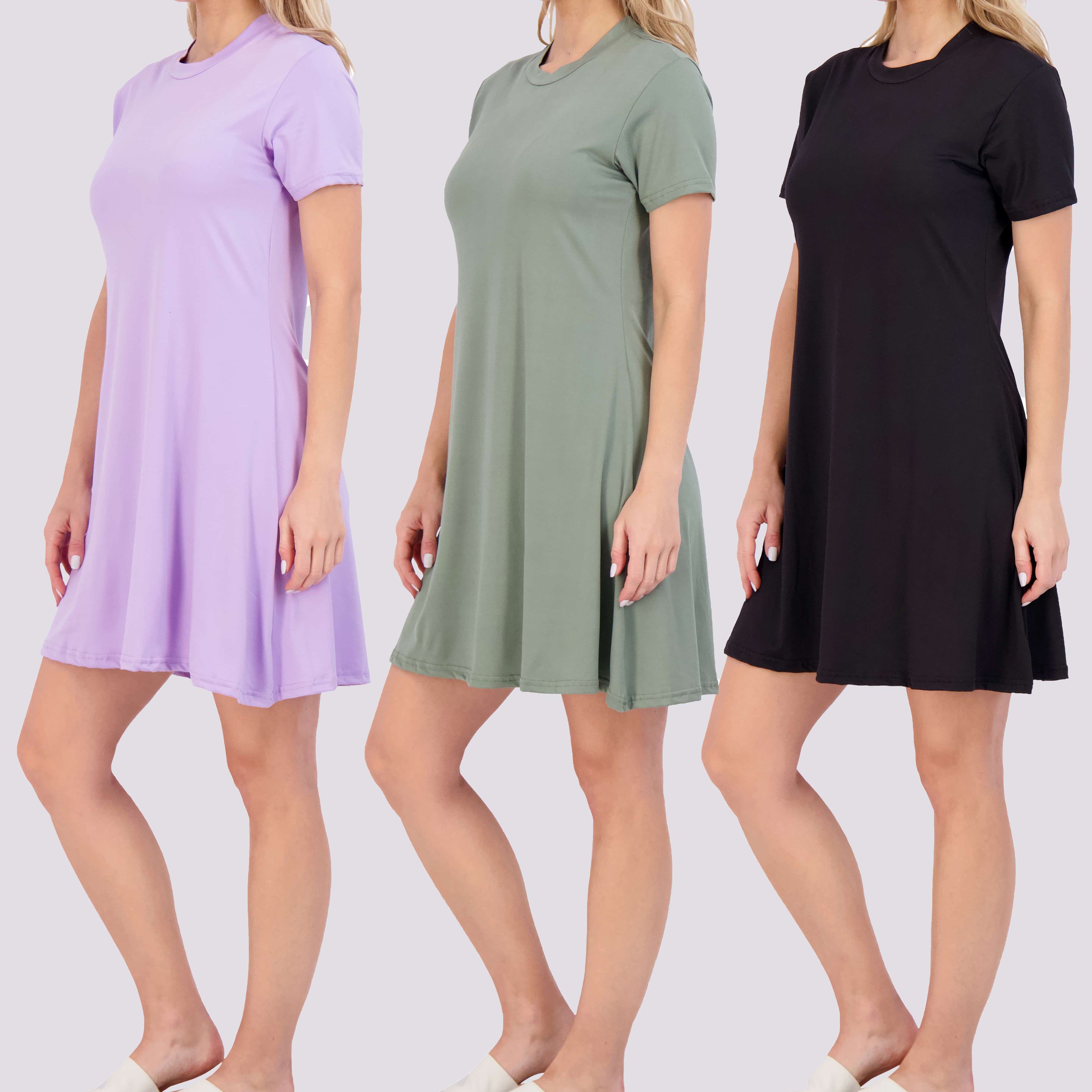 3 Pack: Women's Soft Lounge Swing Casual T-Shirt Dress (Available in Plus Size)