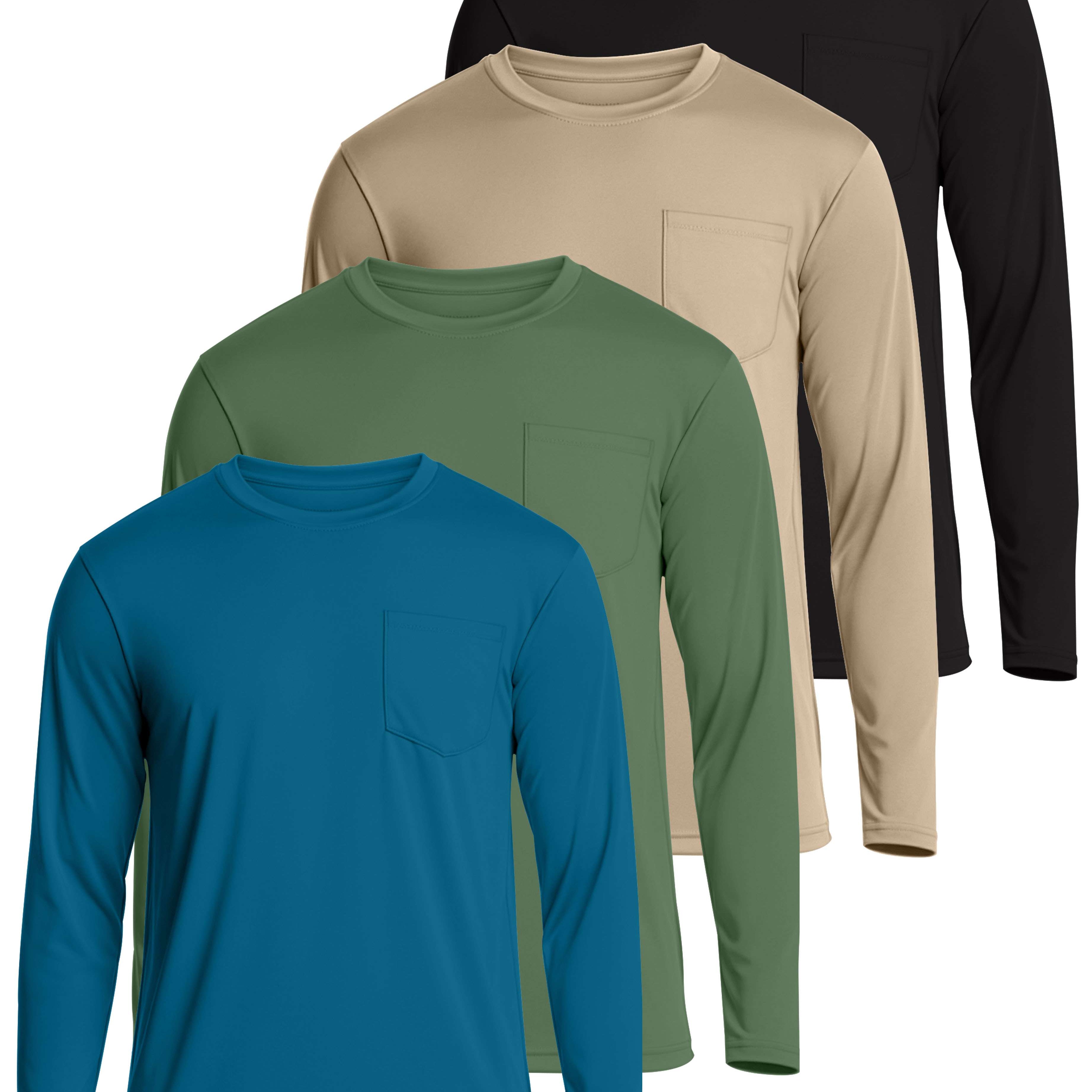 4 Pack: Mens Dry-Fit Long Sleeve Pocket Crew T-Shirt